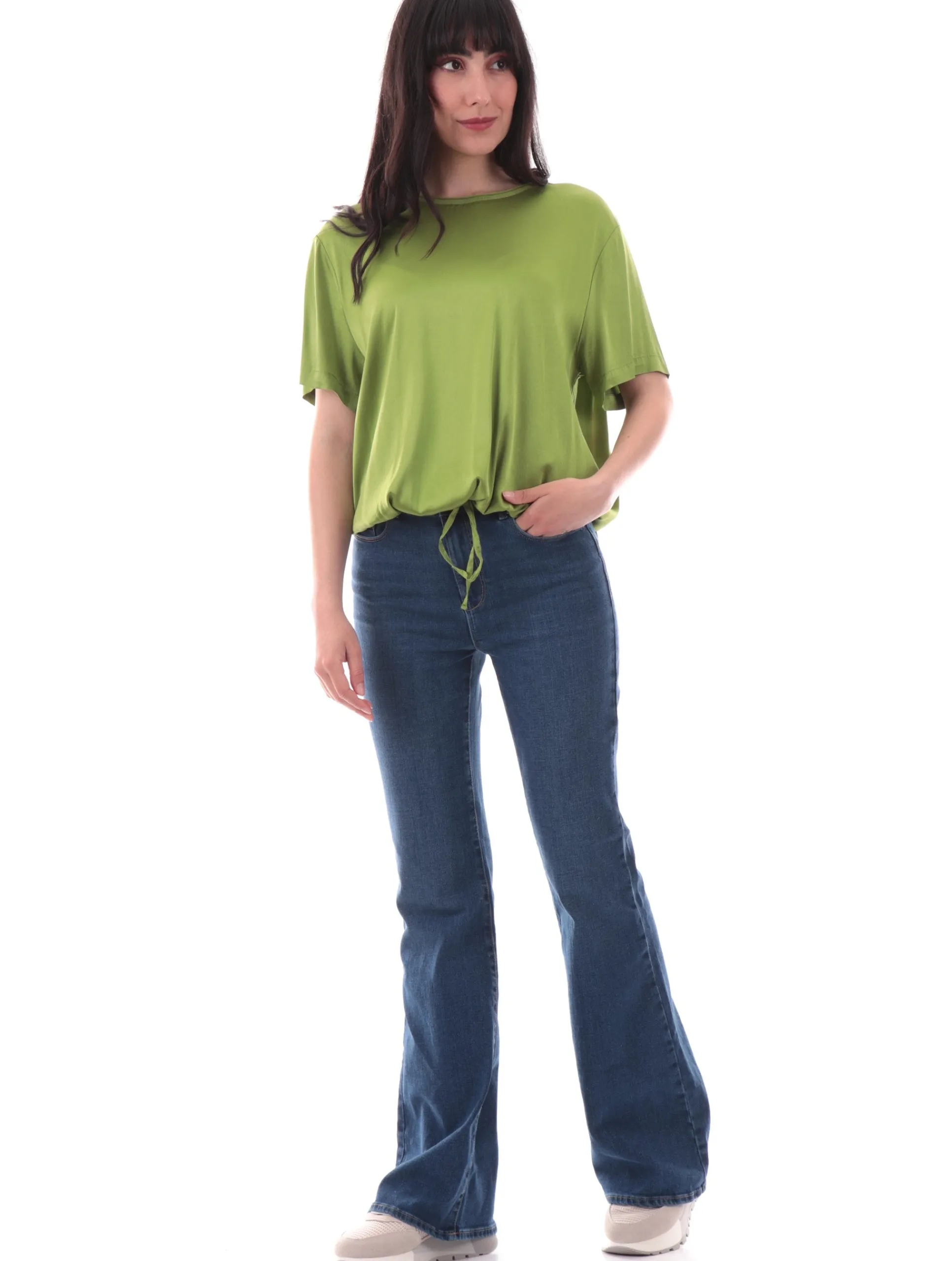 MANILA GRACE Maglie*Blusa girocollo verde da donna con coulisse C040VUMA