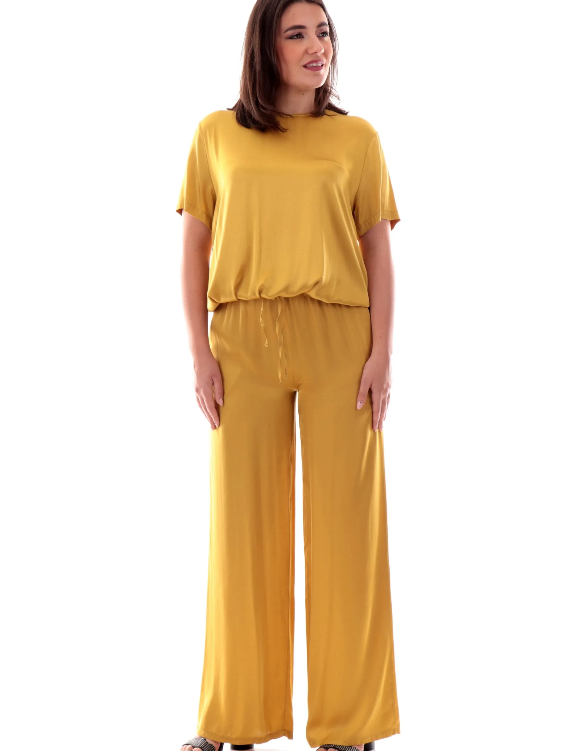 MANILA GRACE Maglie*Blusa girocollo gialla da donna con coulisse C040VUMA
