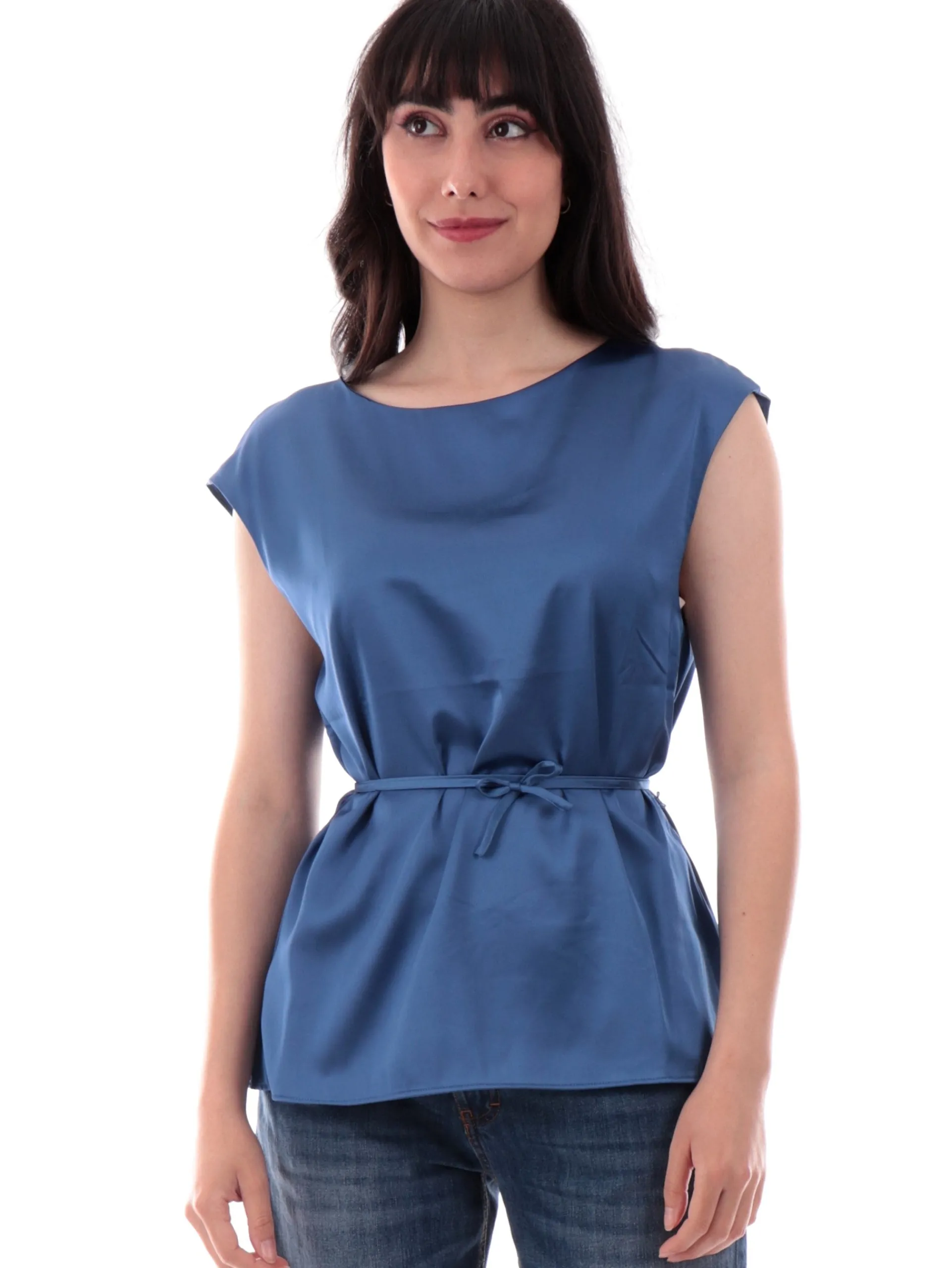 YES ZEE Maglie*Blusa Blu da donna raso satin con cintura C230EU000715