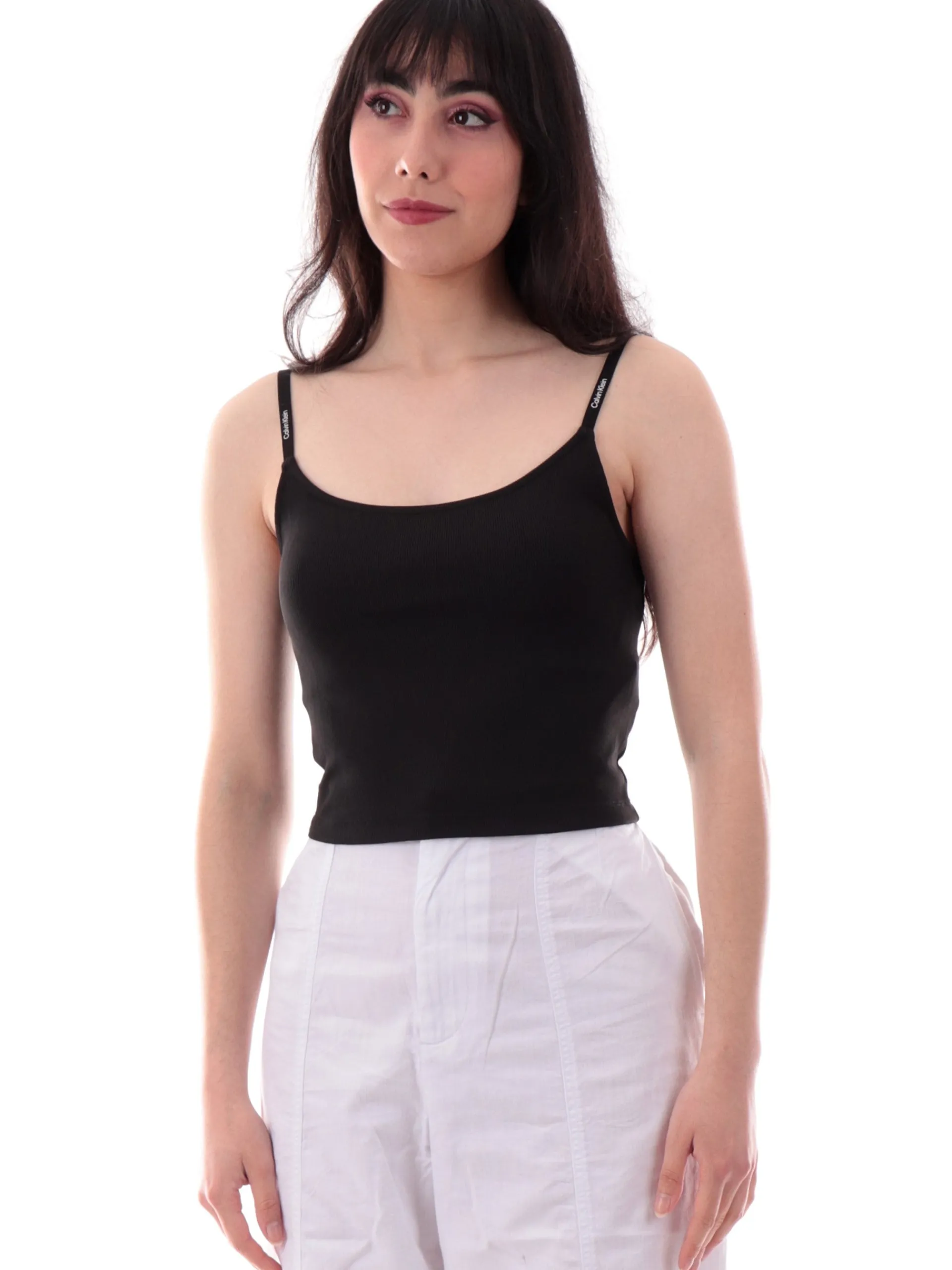 CALVIN KLEIN Maglie*Bralette nera da donna bretelline logate regolabili costine J20J225312