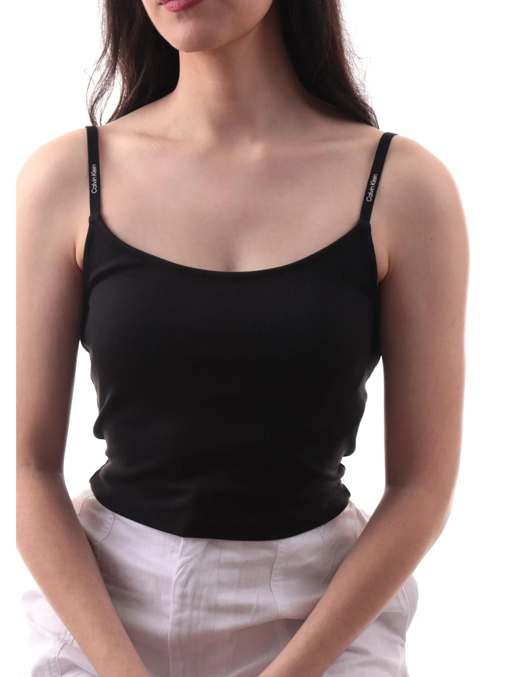 CALVIN KLEIN Maglie*Bralette nera da donna bretelline logate regolabili costine J20J225312