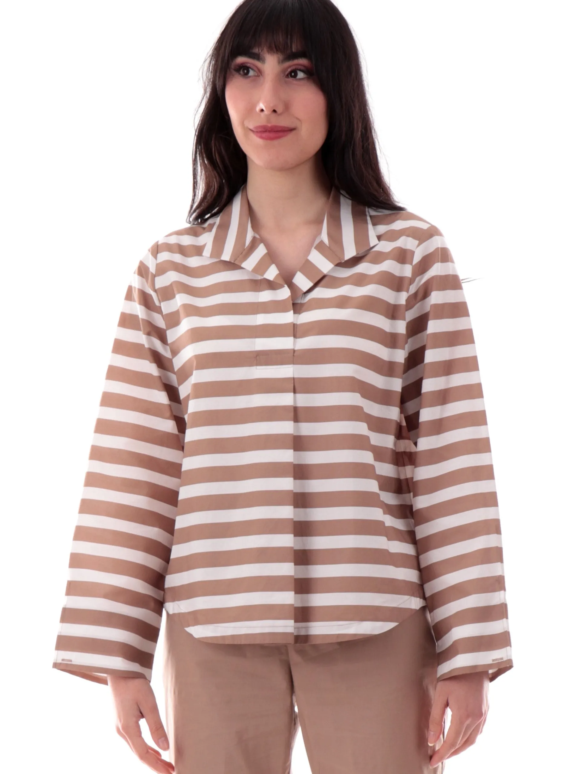 ANIS Maglie*Camicia a righe bianca e beige da donna maniche lunghe 251C1235
