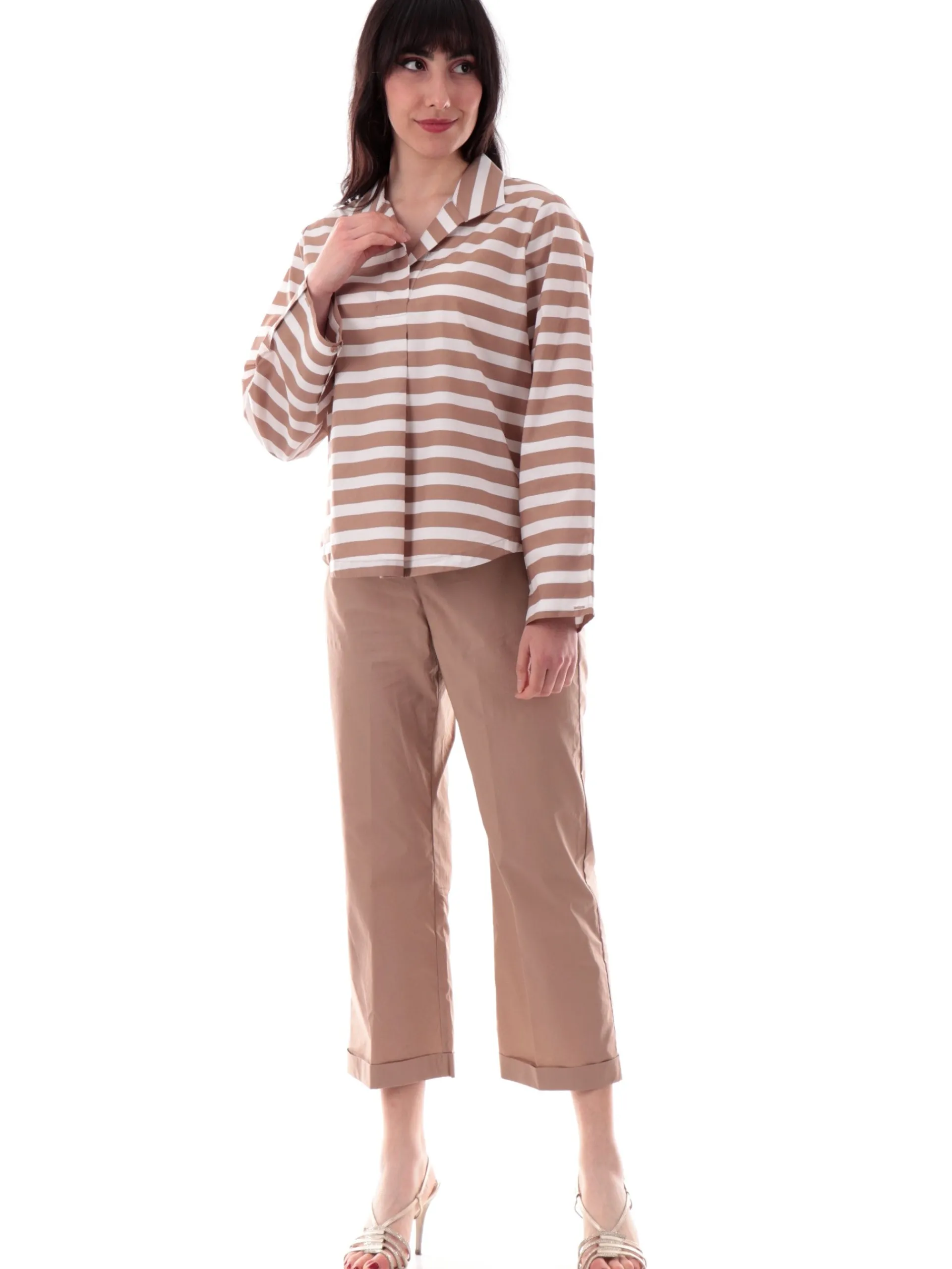 ANIS Maglie*Camicia a righe bianca e beige da donna maniche lunghe 251C1235