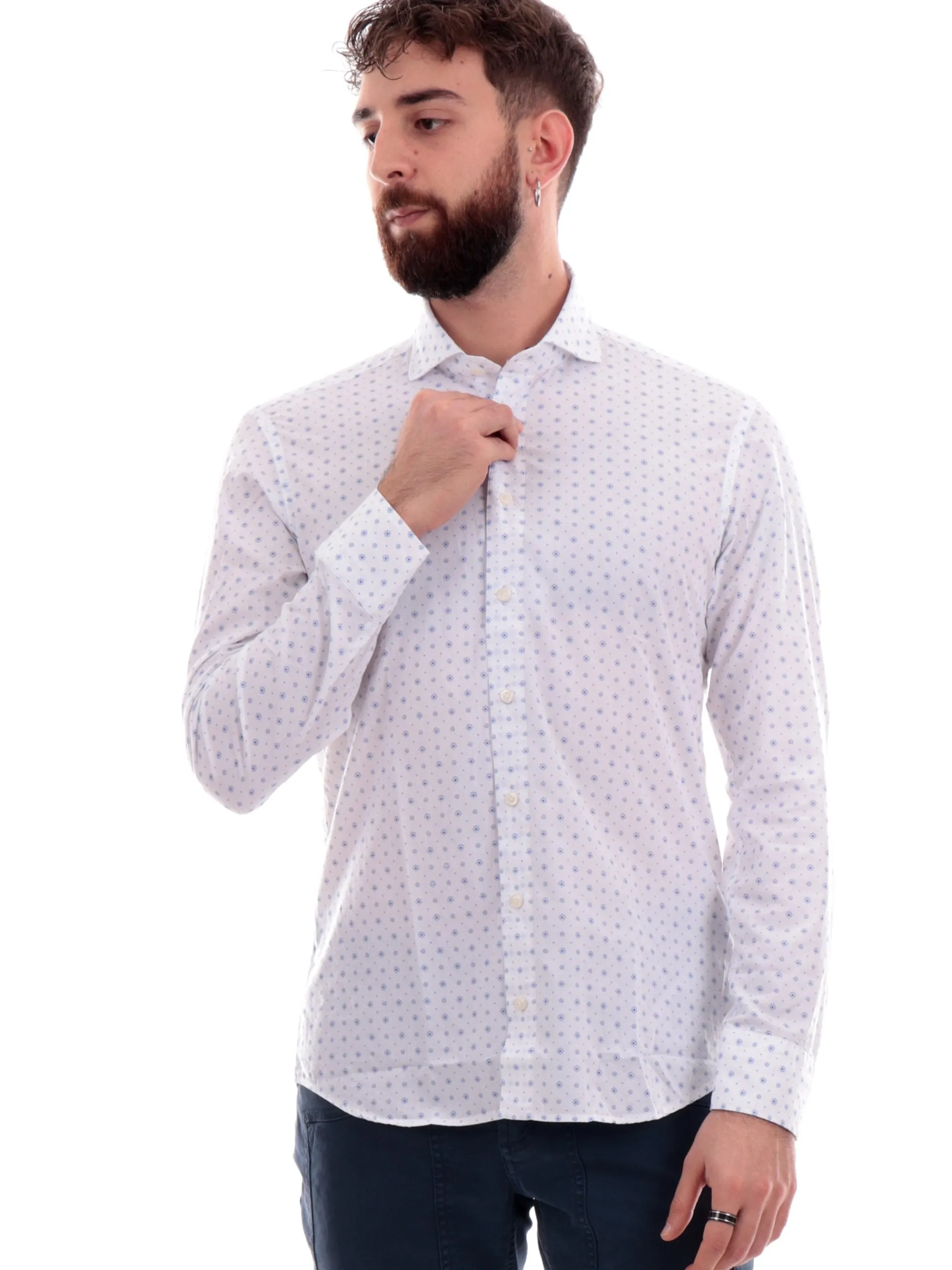 BASTONCINO Camicie*Camicia bianca fantasia geo blu da uomo 401