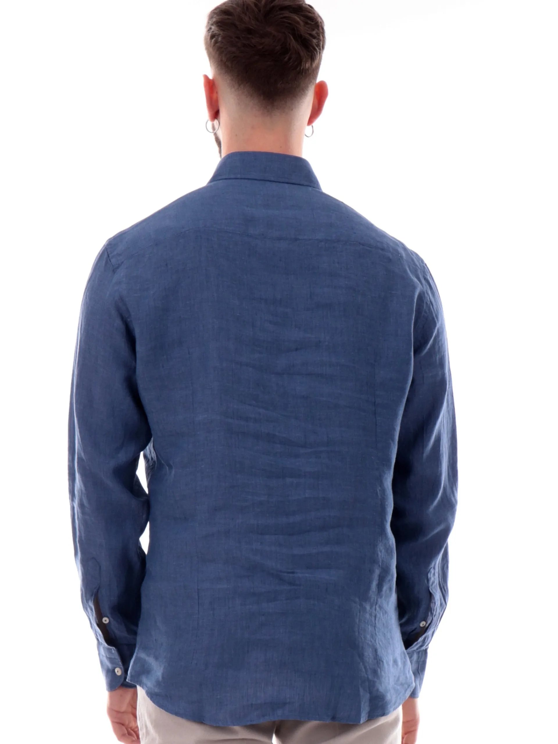 BASTONCINO Camicie*Camicia blu 100% lino da uomo maniche lunghe B05021