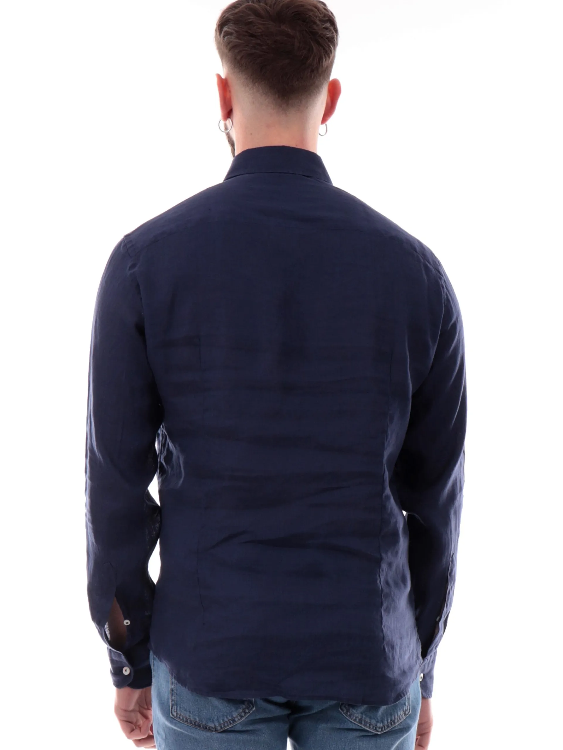 BASTONCINO Camicie*Camicia blu 100% lino da uomo maniche lunghe B05023