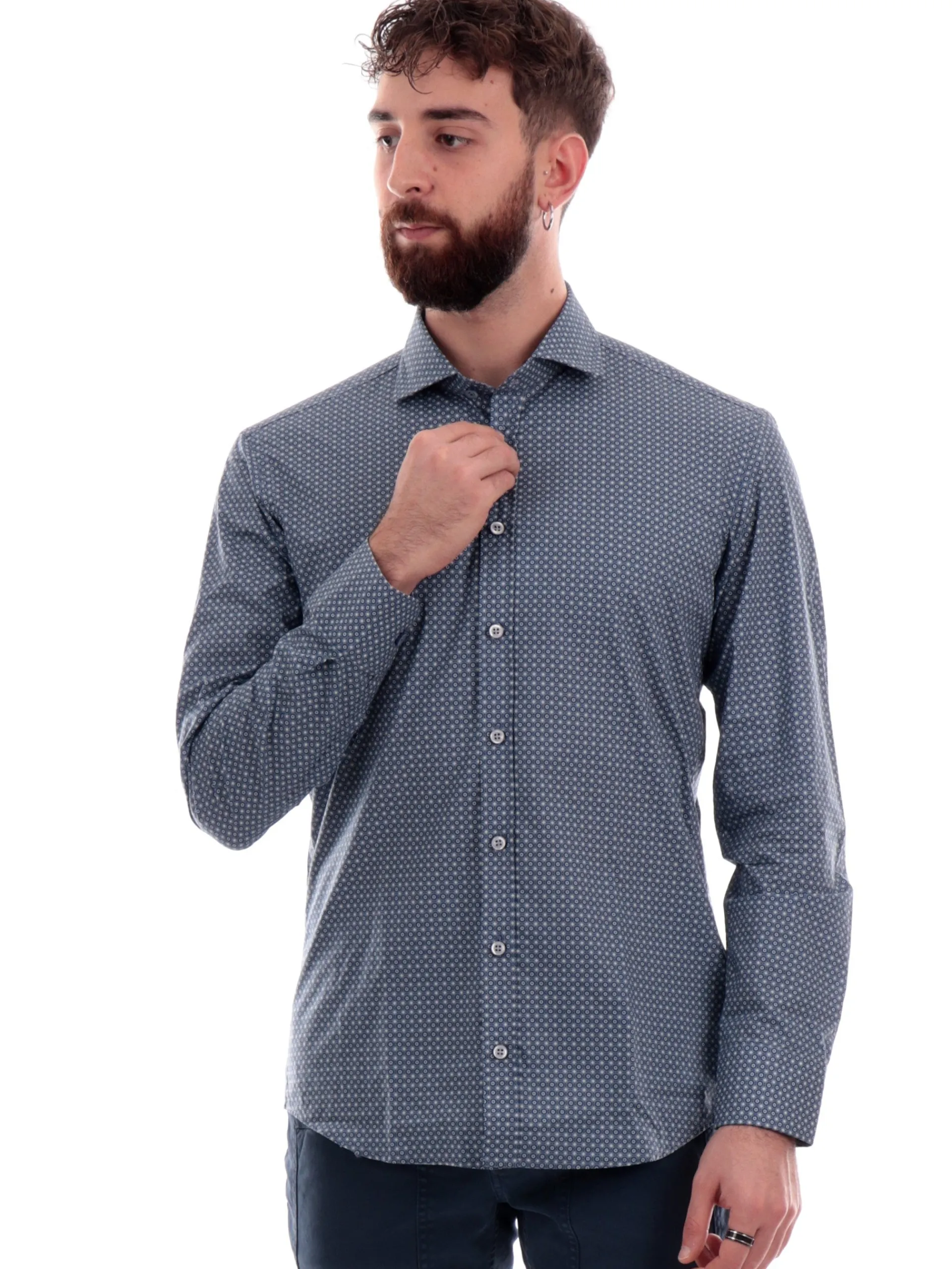 BASTONCINO Camicie*Camicia blu fantasia geo da uomo 406