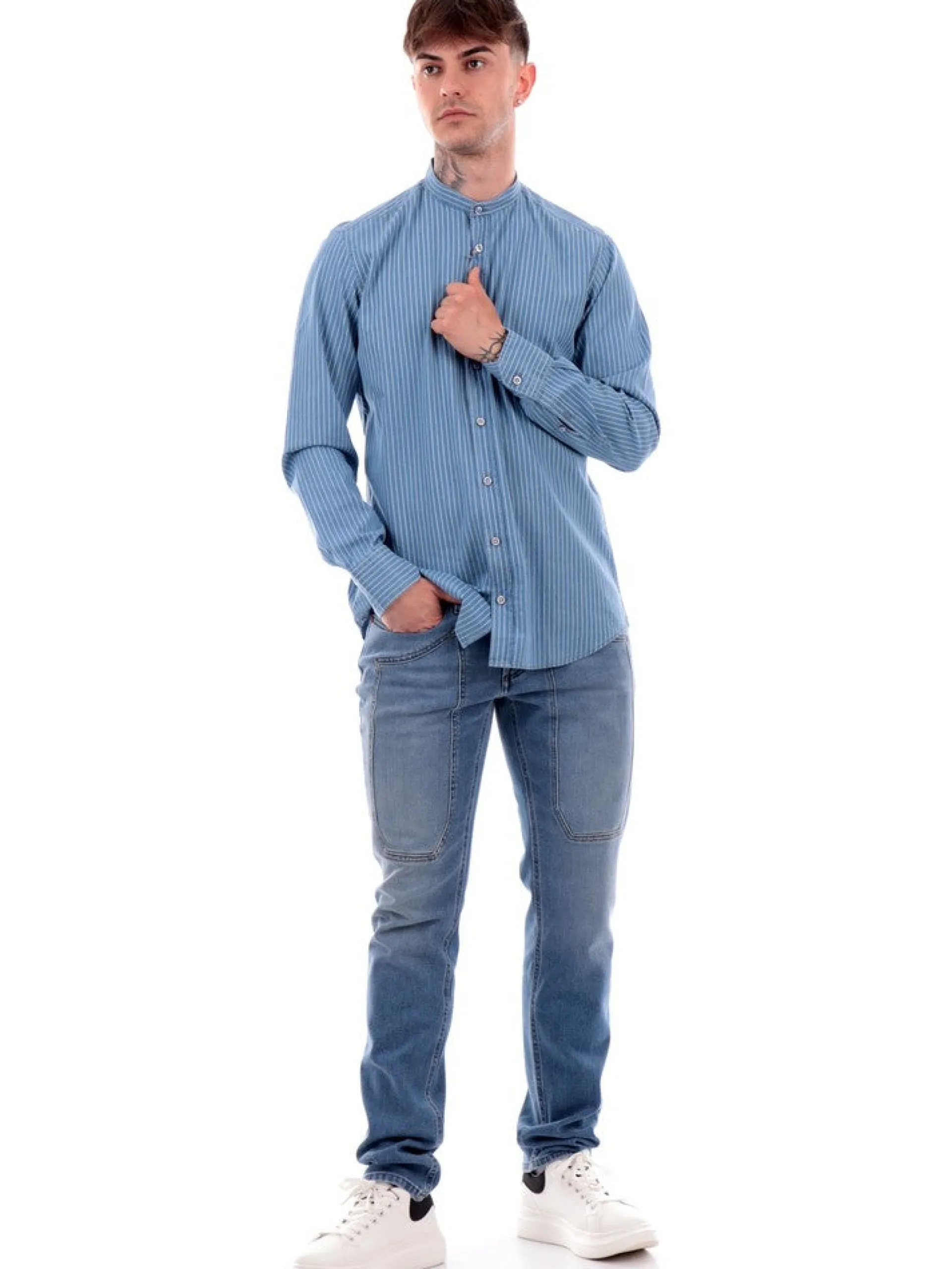BASTONCINO Camicie*Camicia blu jeans da uomo a righe 272
