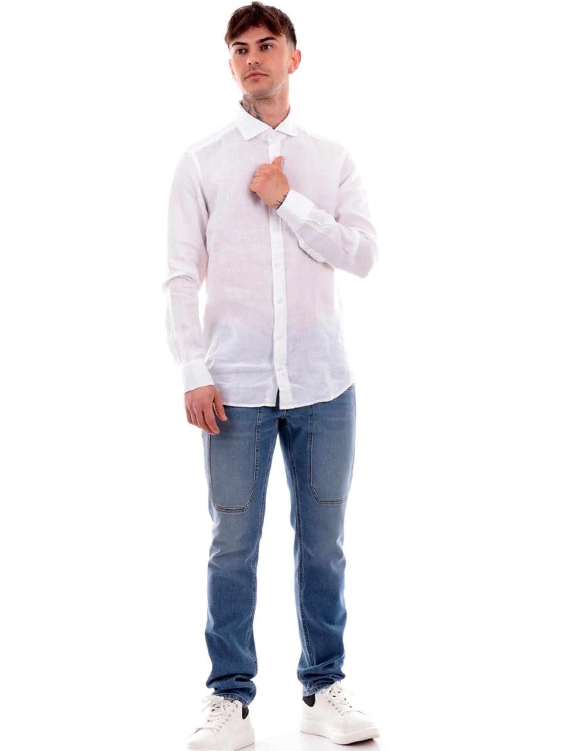 BASTONCINO Camicie*Camicia da uomo Bianca in Lino B050