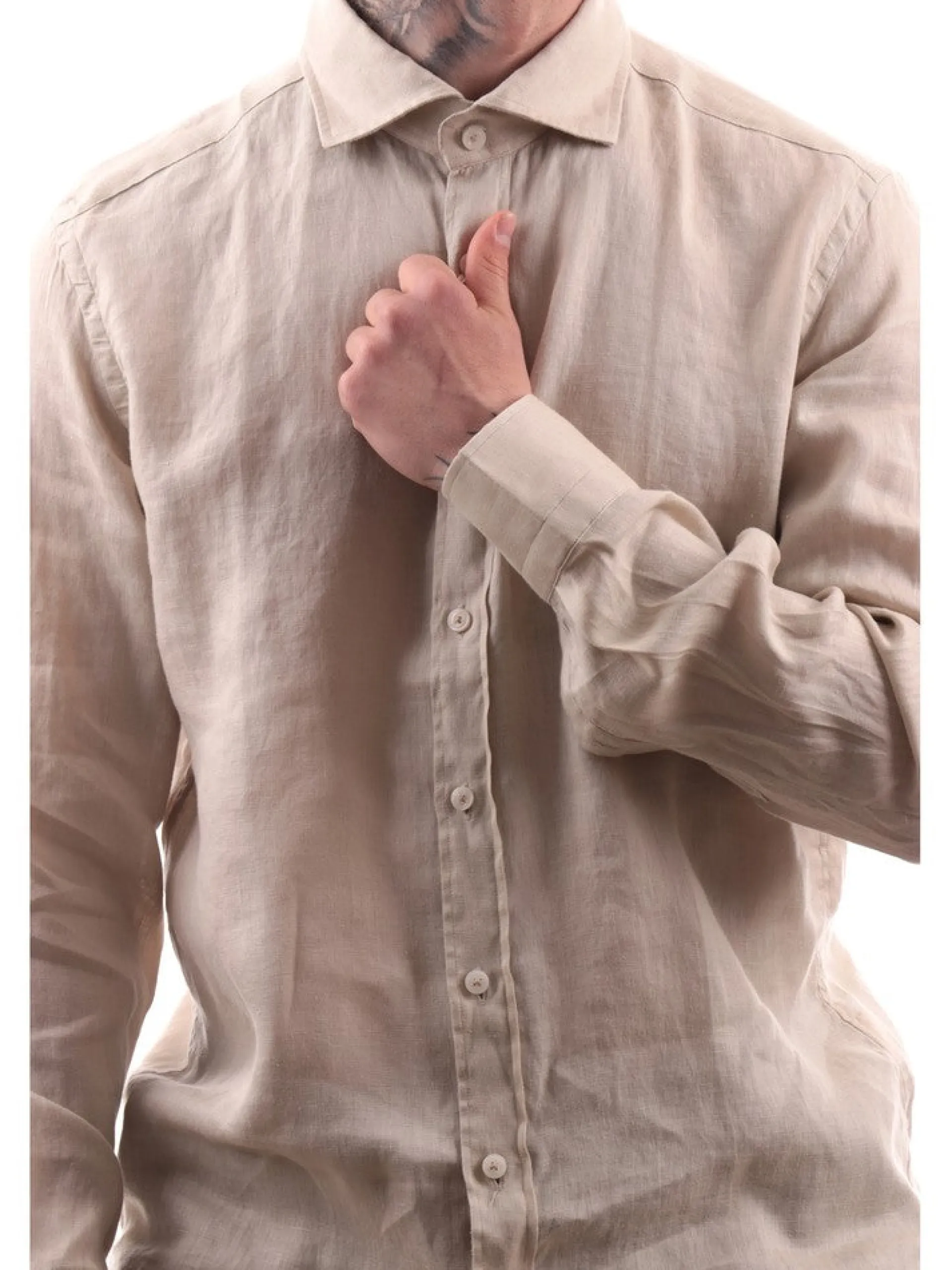 BASTONCINO Camicie*Camicia da uomo beige in Lino B050