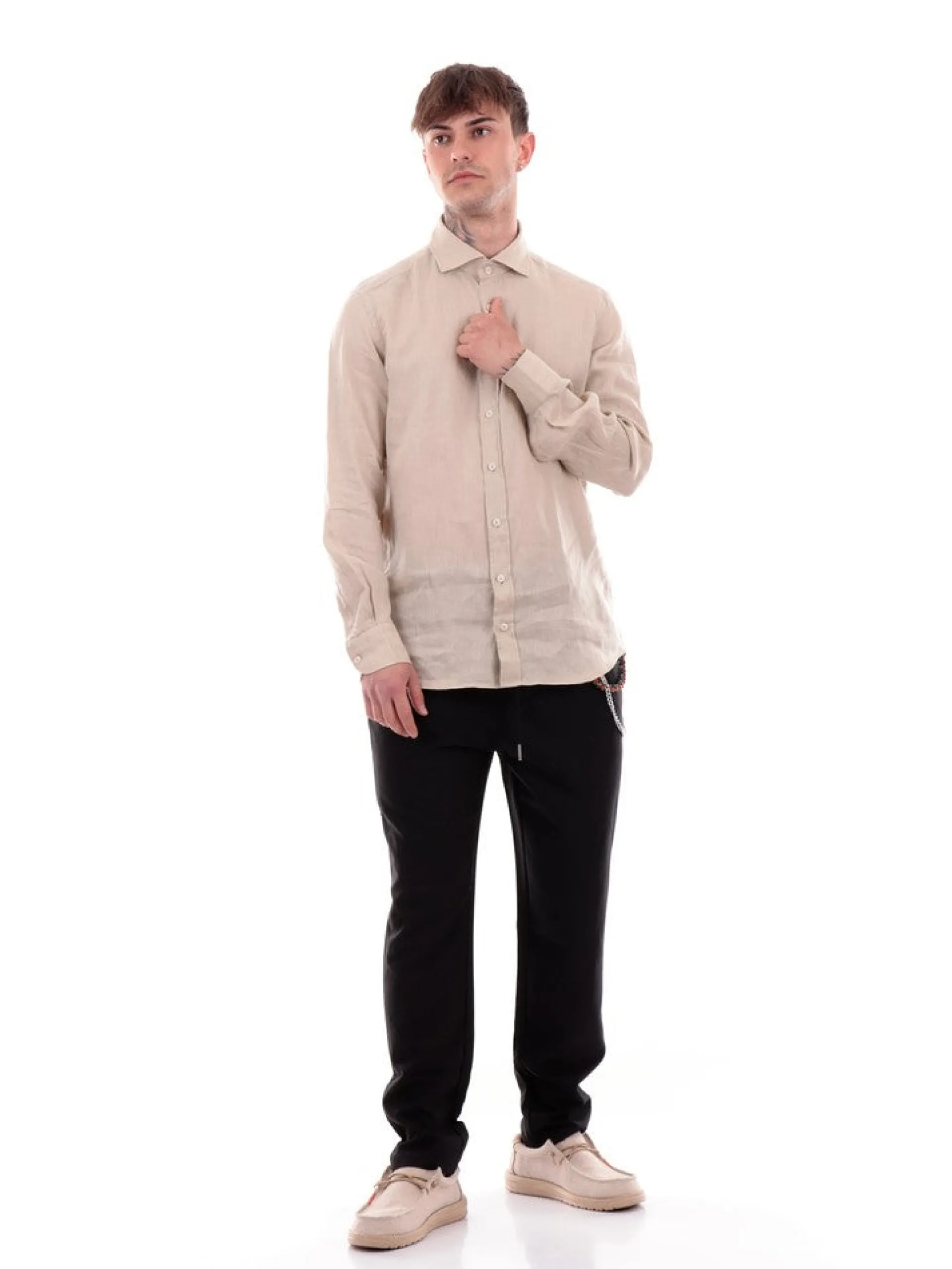 BASTONCINO Camicie*Camicia da uomo beige in Lino B050