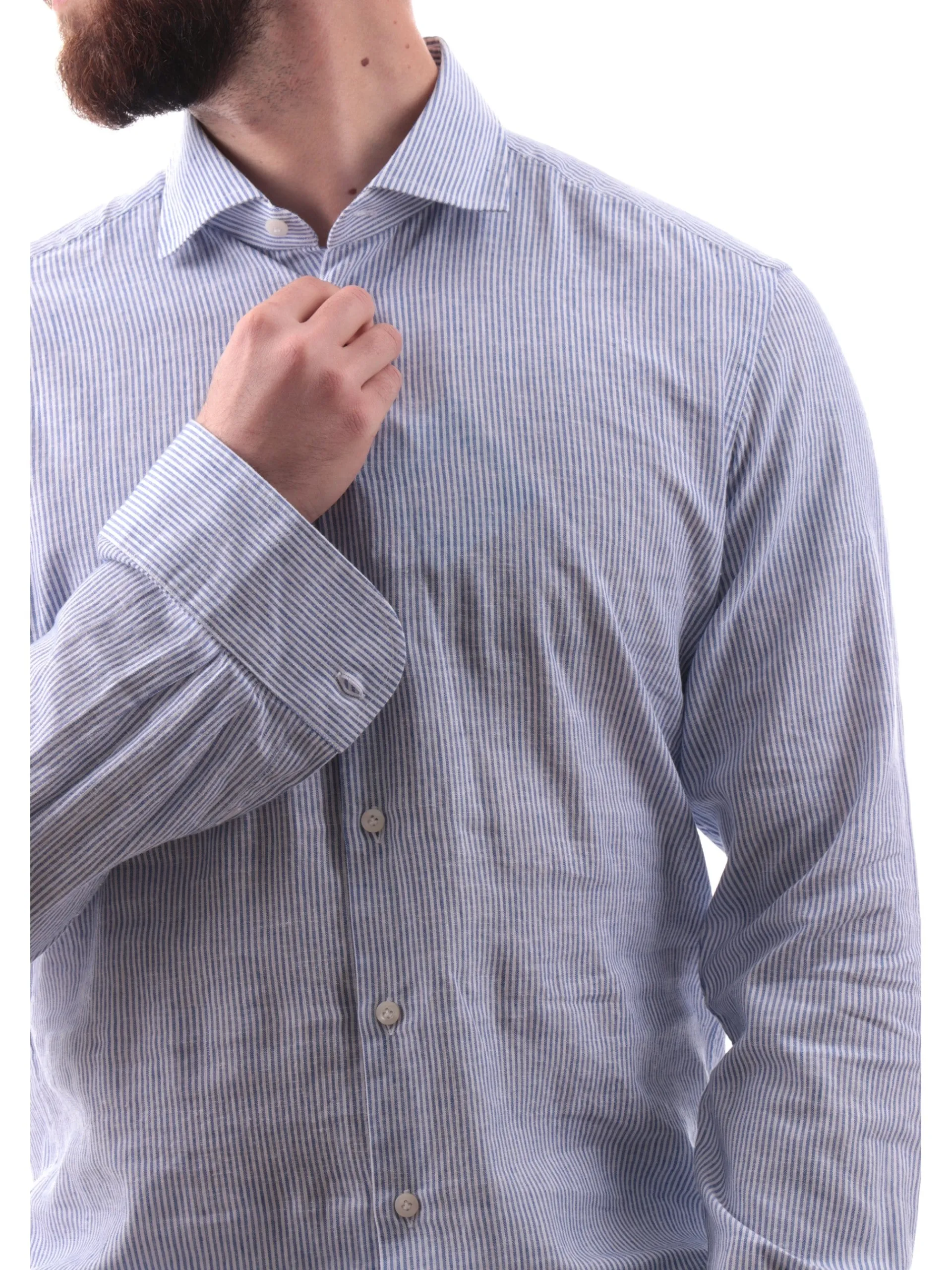 BASTONCINO Camicie*Camicia misto lino blu da uomo a righe 11182