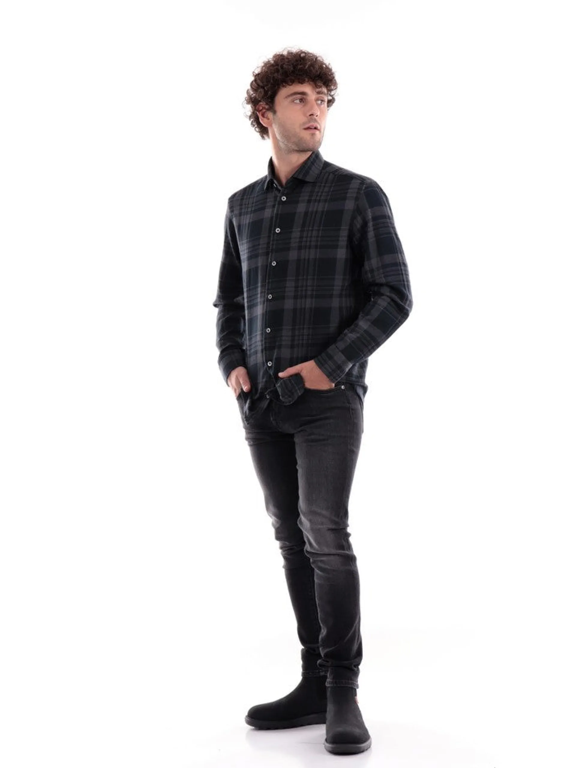 BASTONCINO Camicie*Camicia nera da uomo a quadri 3088