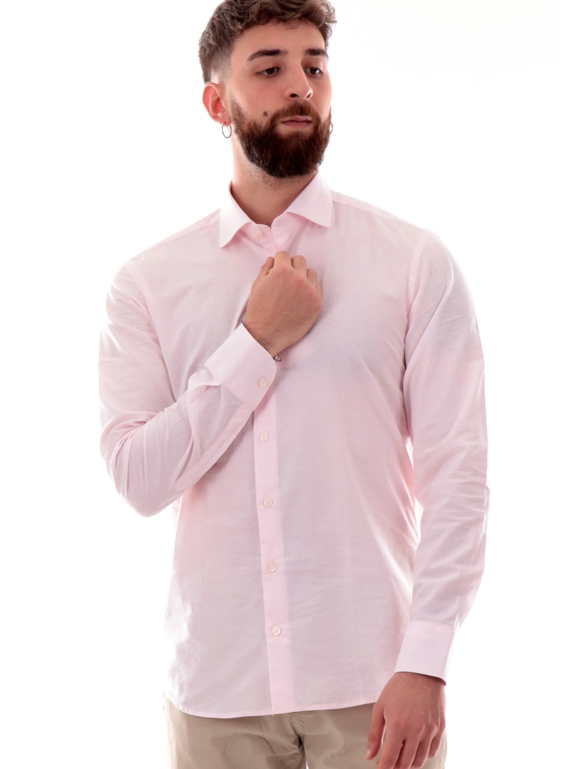 BASTONCINO Camicie*Camicia rosa 100% cotone da uomo maniche lunghe 43513