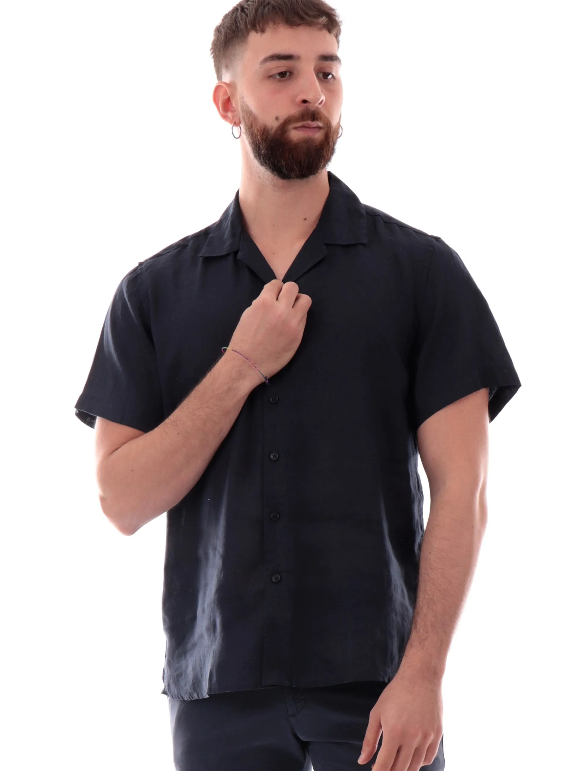 GIANNI LUPO Camicie*Camicia blu maniche corte da uomo in lino scollo a V GL7658SS25