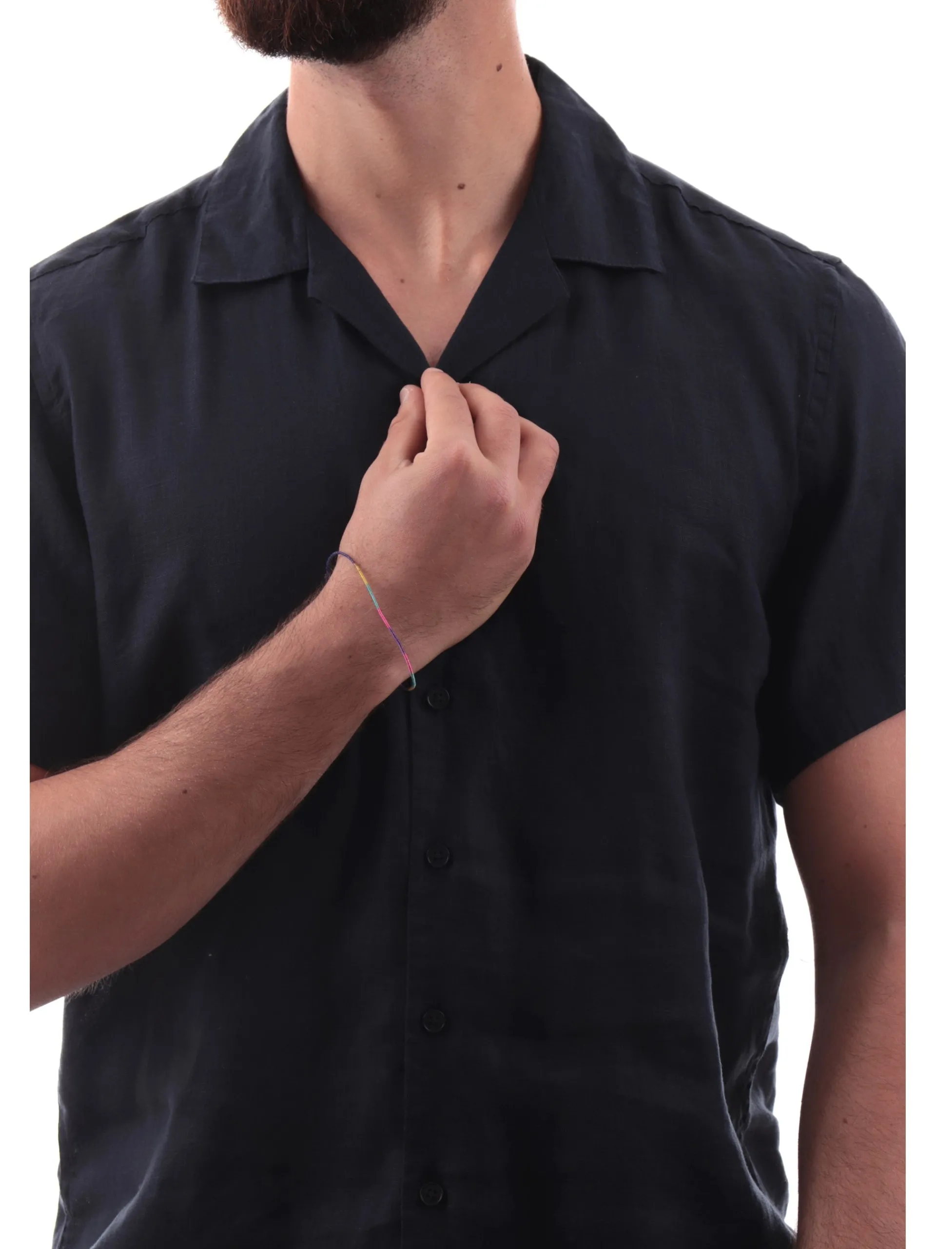 GIANNI LUPO Camicie*Camicia blu maniche corte da uomo in lino scollo a V GL7658SS25