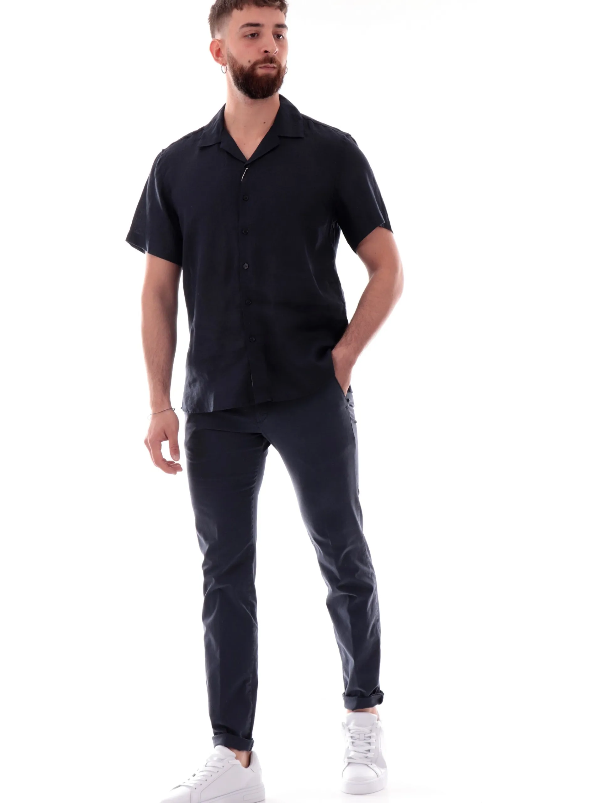 GIANNI LUPO Camicie*Camicia blu maniche corte da uomo in lino scollo a V GL7658SS25