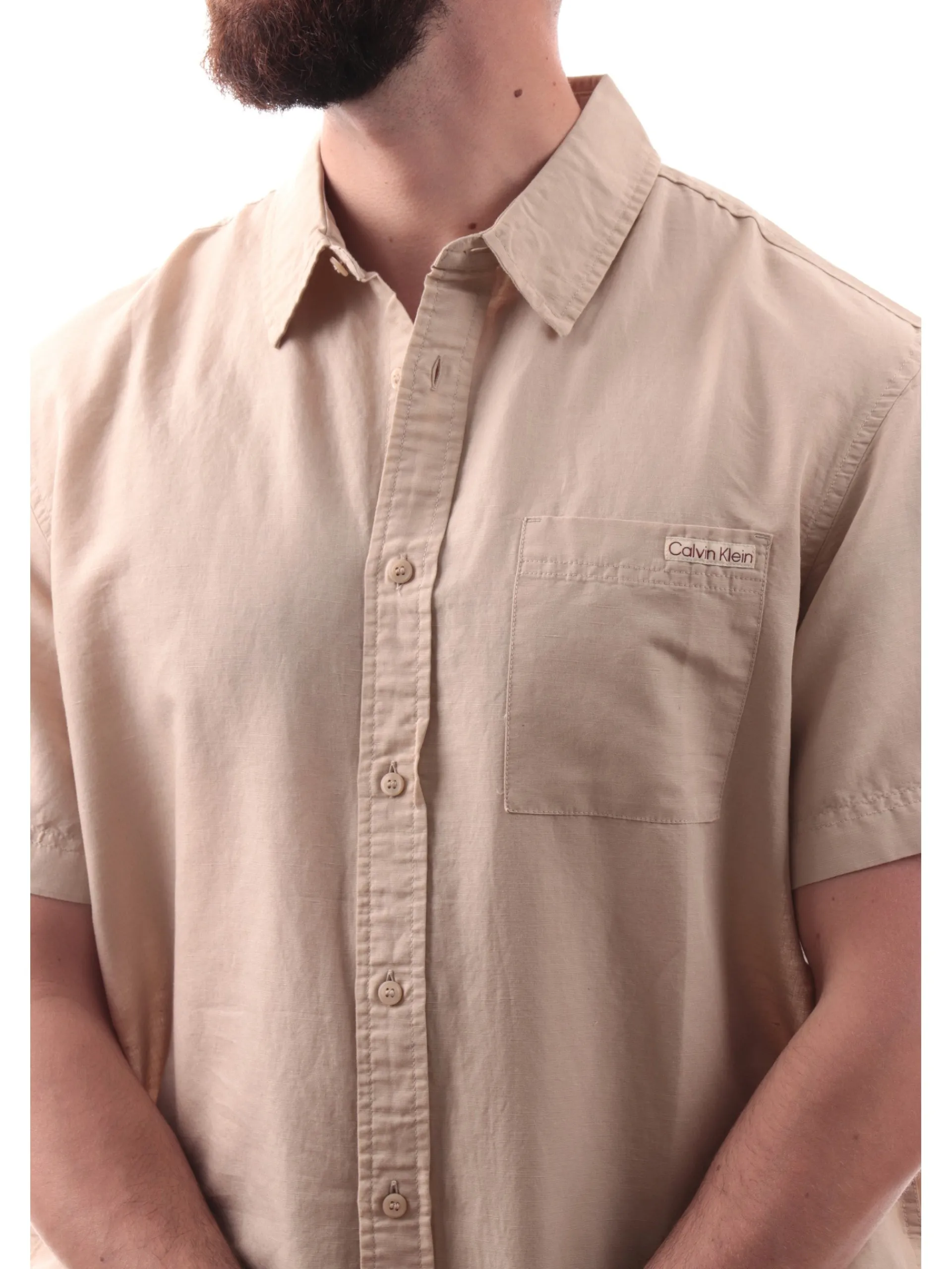 CALVIN KLEIN Camicie*Camicia lino beige da uomo maniche corte J30J327296