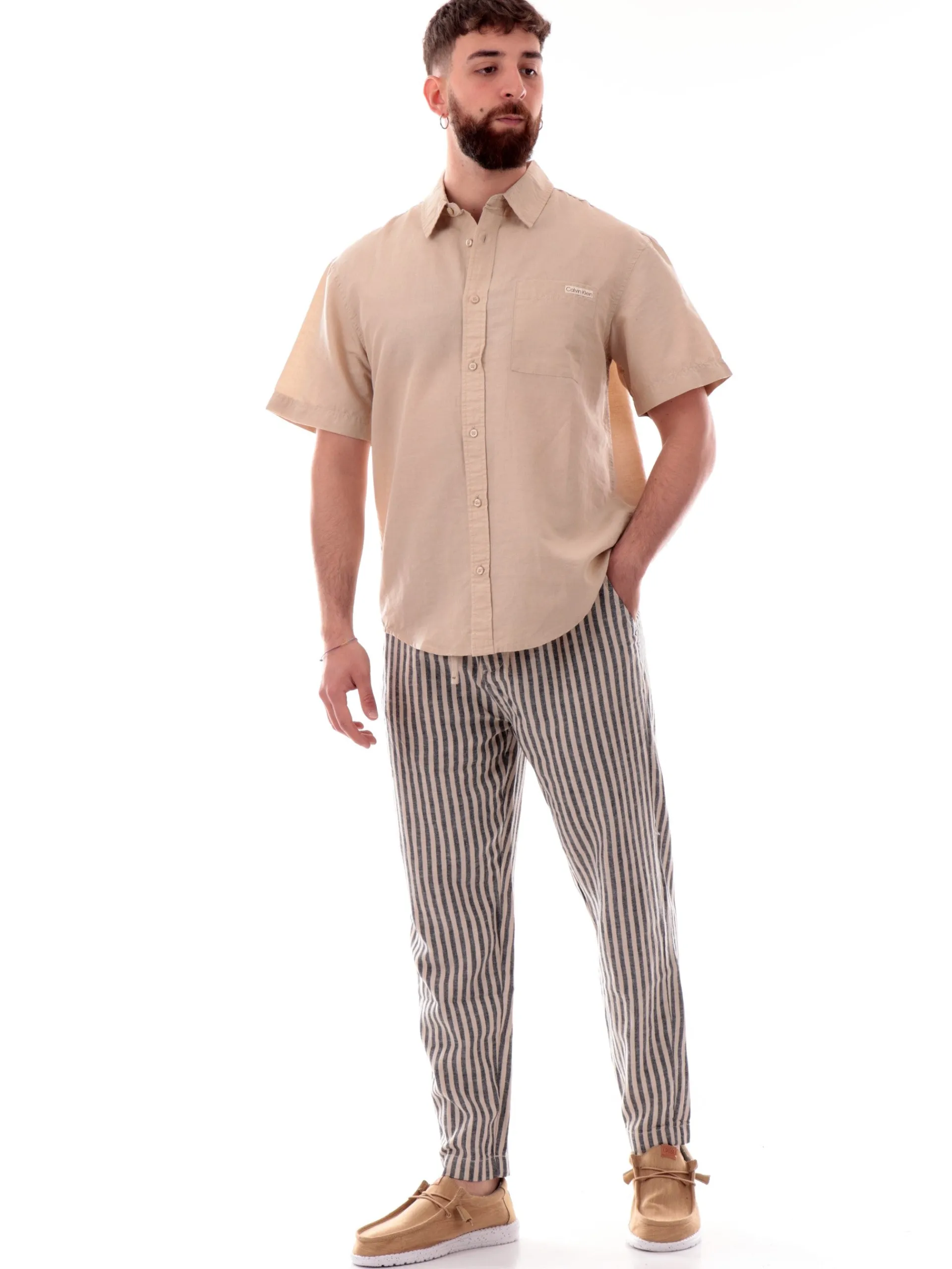 CALVIN KLEIN Camicie*Camicia lino beige da uomo maniche corte J30J327296