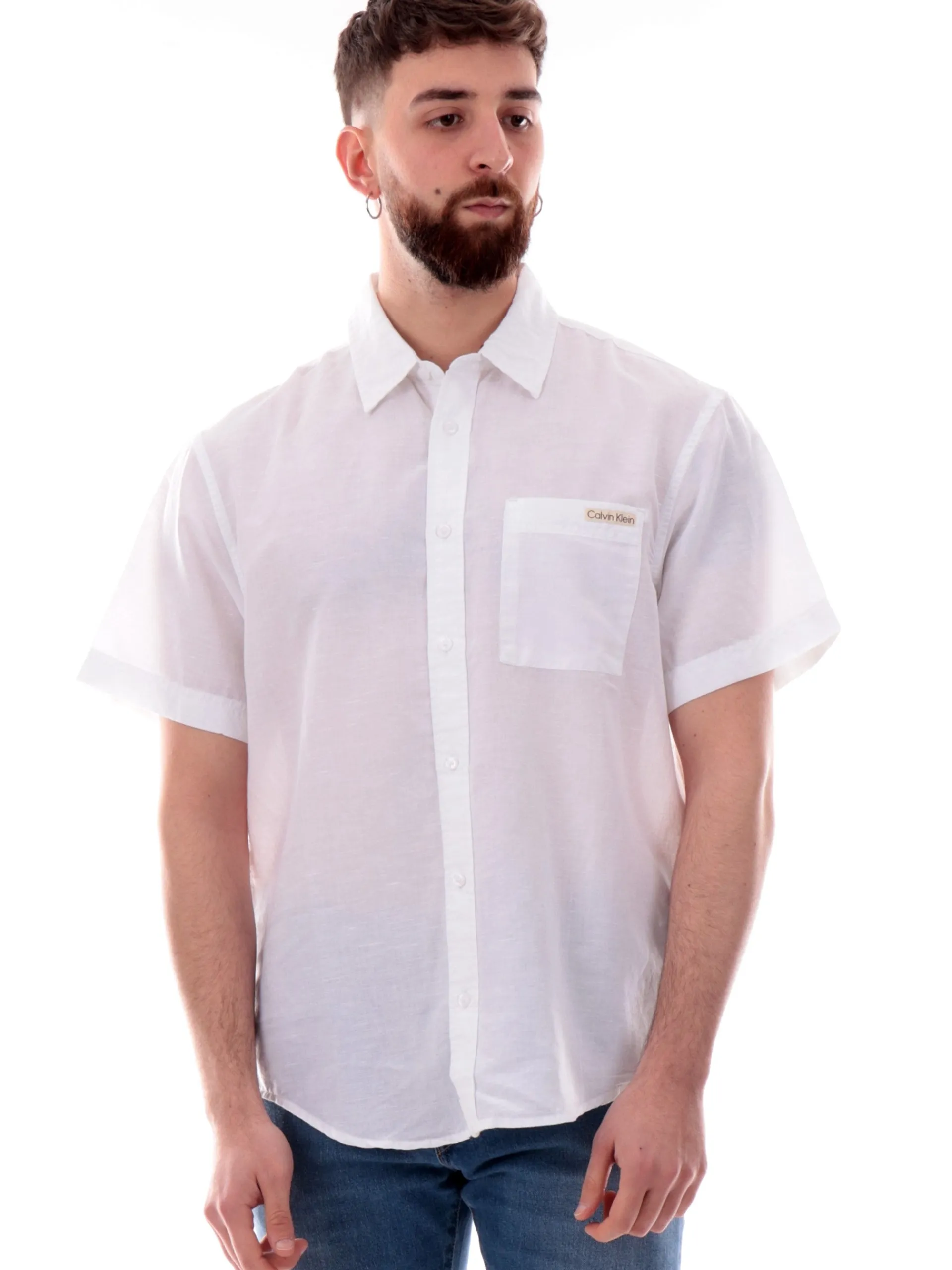 CALVIN KLEIN Camicie*Camicia lino bianca da uomo maniche corte J30J327296