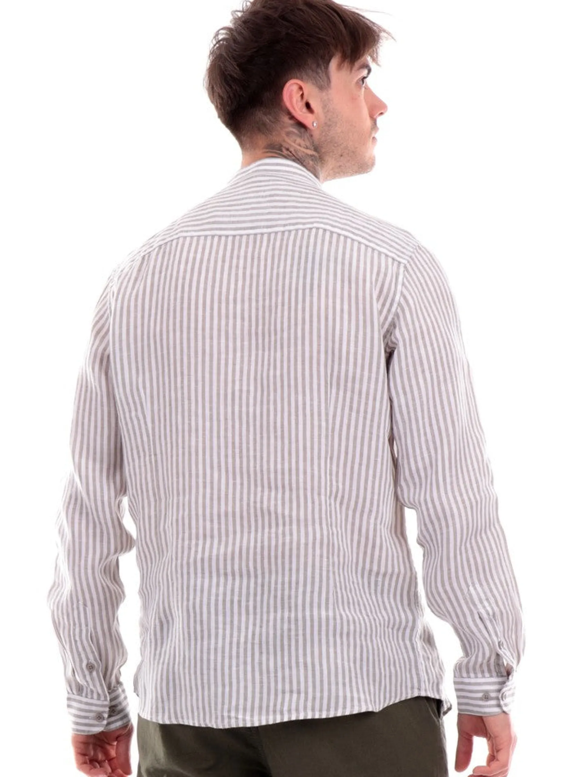 GIANNI LUPO Camicie*Camicia Coreana Uomo in lino a Righe GL7782SS24