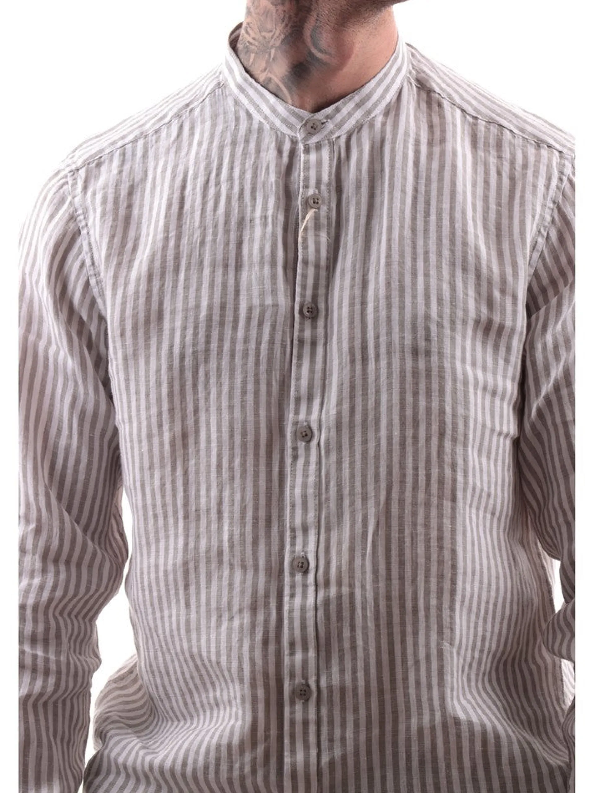 GIANNI LUPO Camicie*Camicia Coreana Uomo in lino a Righe GL7782SS24