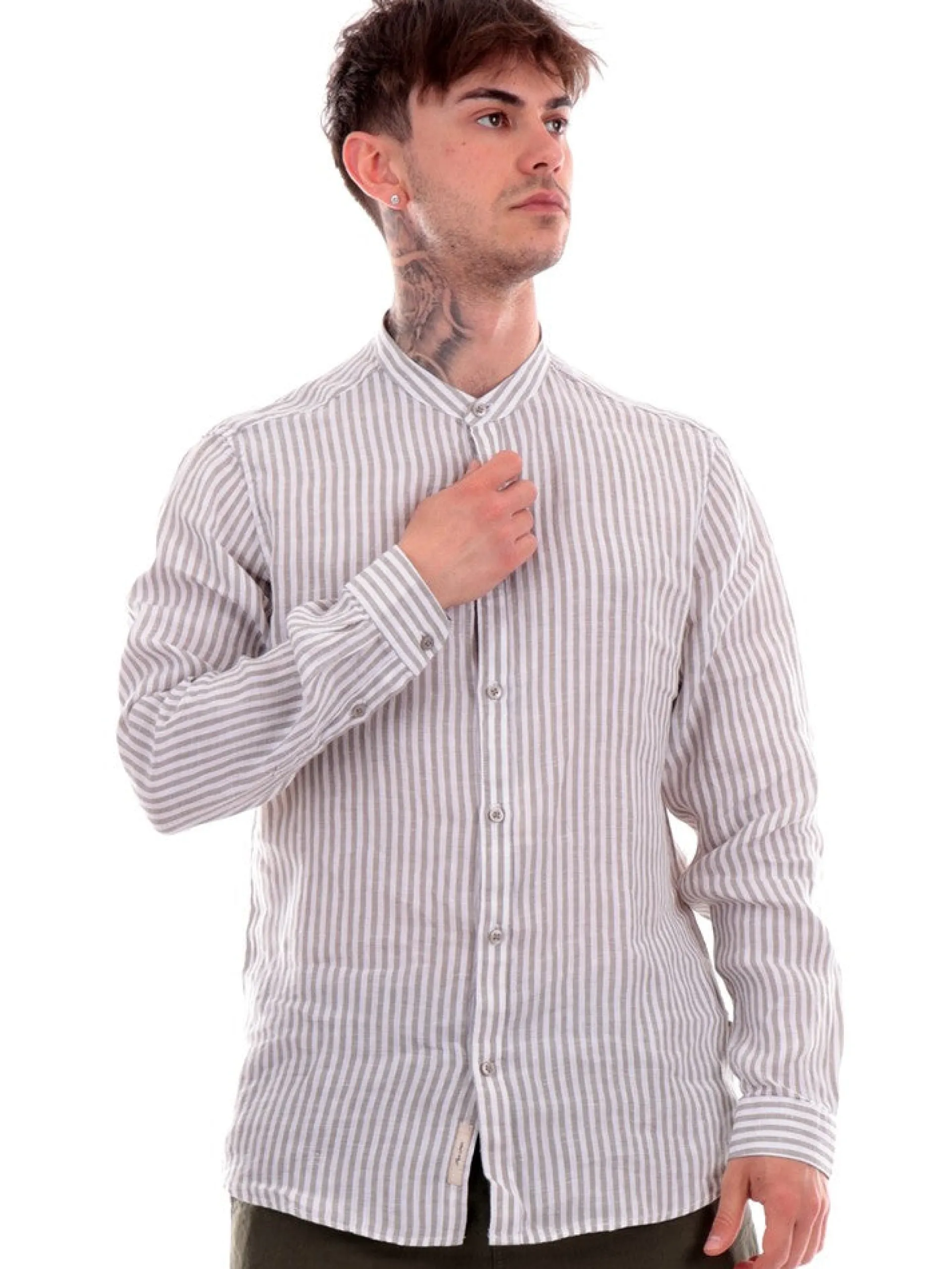 GIANNI LUPO Camicie*Camicia Coreana Uomo in lino a Righe GL7782SS24