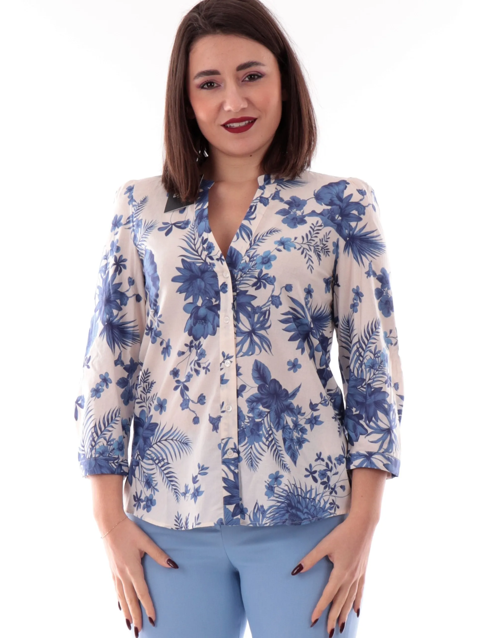 EMME MARELLA Top & Camicie*Camicia bianca con fiori blu con colletto alla coreana IOLANDA