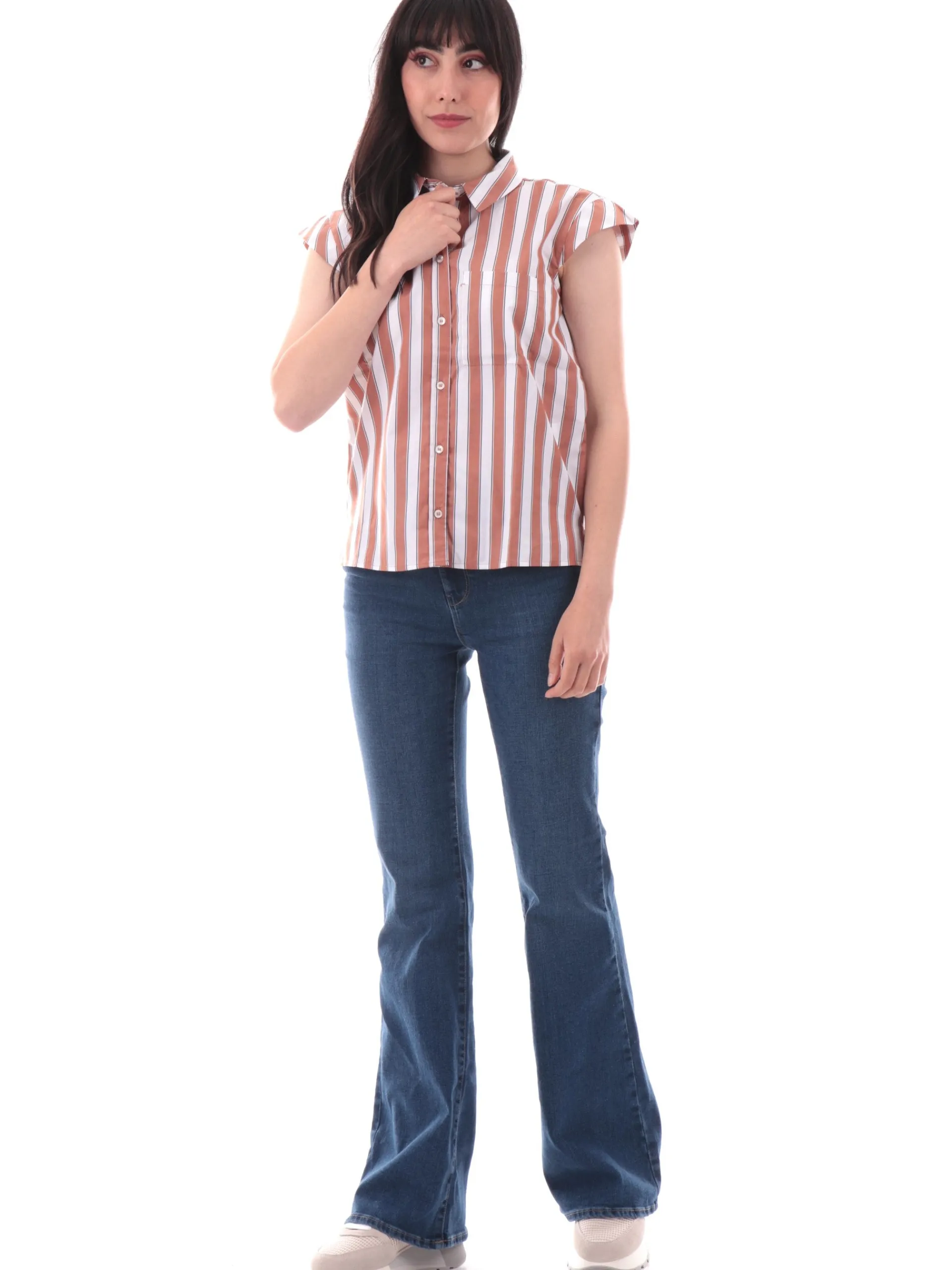 EMME MARELLA Top & Camicie*Camicia smanicata marrone a righe da donna con taschino SALMO