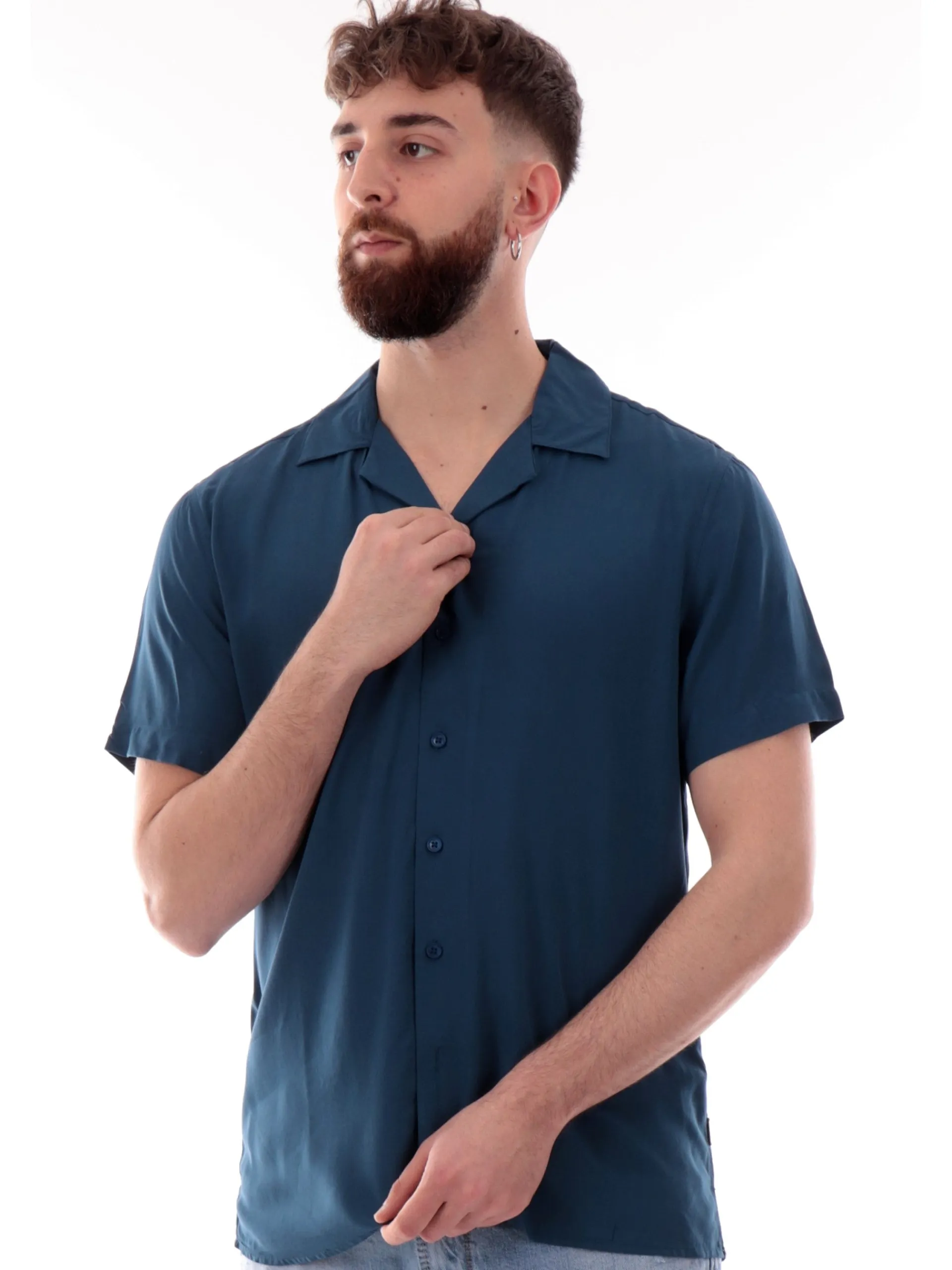 GIANNI LUPO Camicie*Camicia Hawaiana blu da uomo scollo a V GL7678SS25