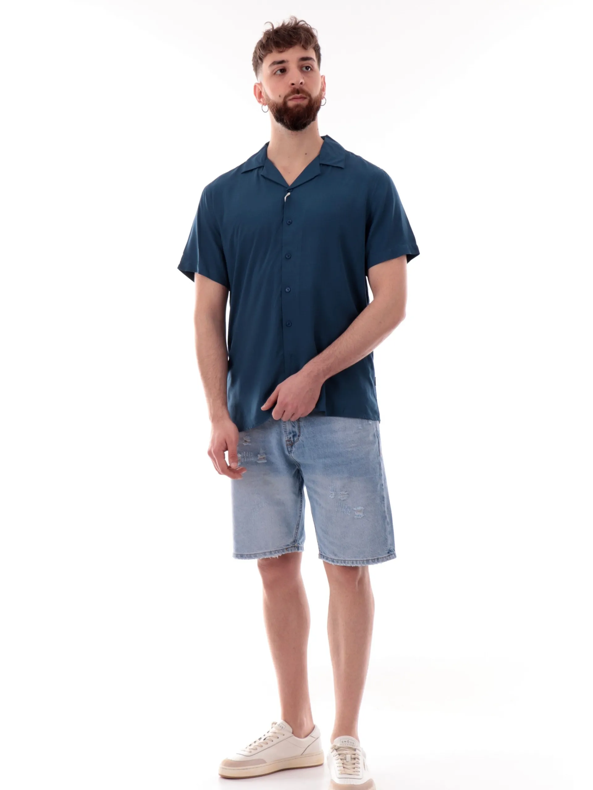 GIANNI LUPO Camicie*Camicia Hawaiana blu da uomo scollo a V GL7678SS25