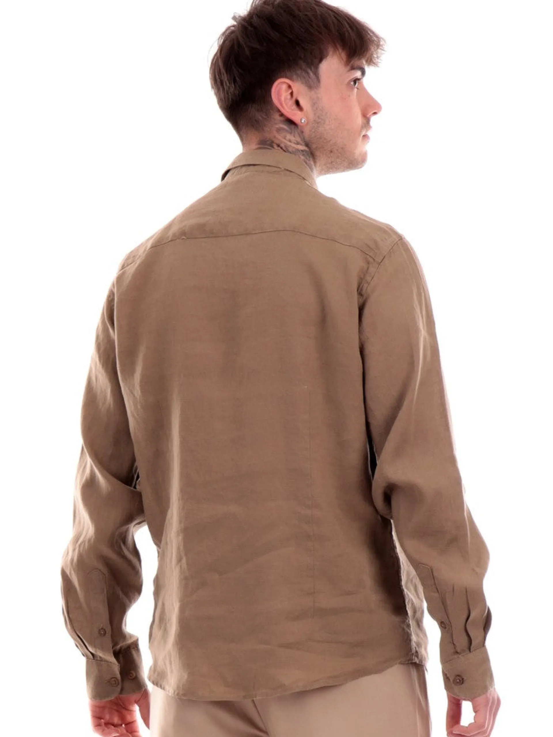 GIANNI LUPO Camicie*Camicia marrone da uomo in lino GL7619SS24