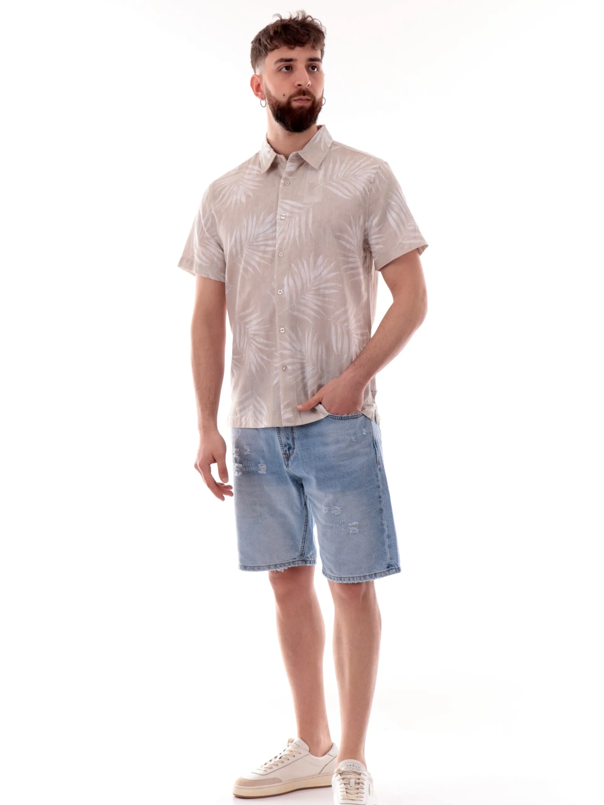 GUESS Camicie*Camicia hawaiana beige da uomo con palme M5GH68WH3A0