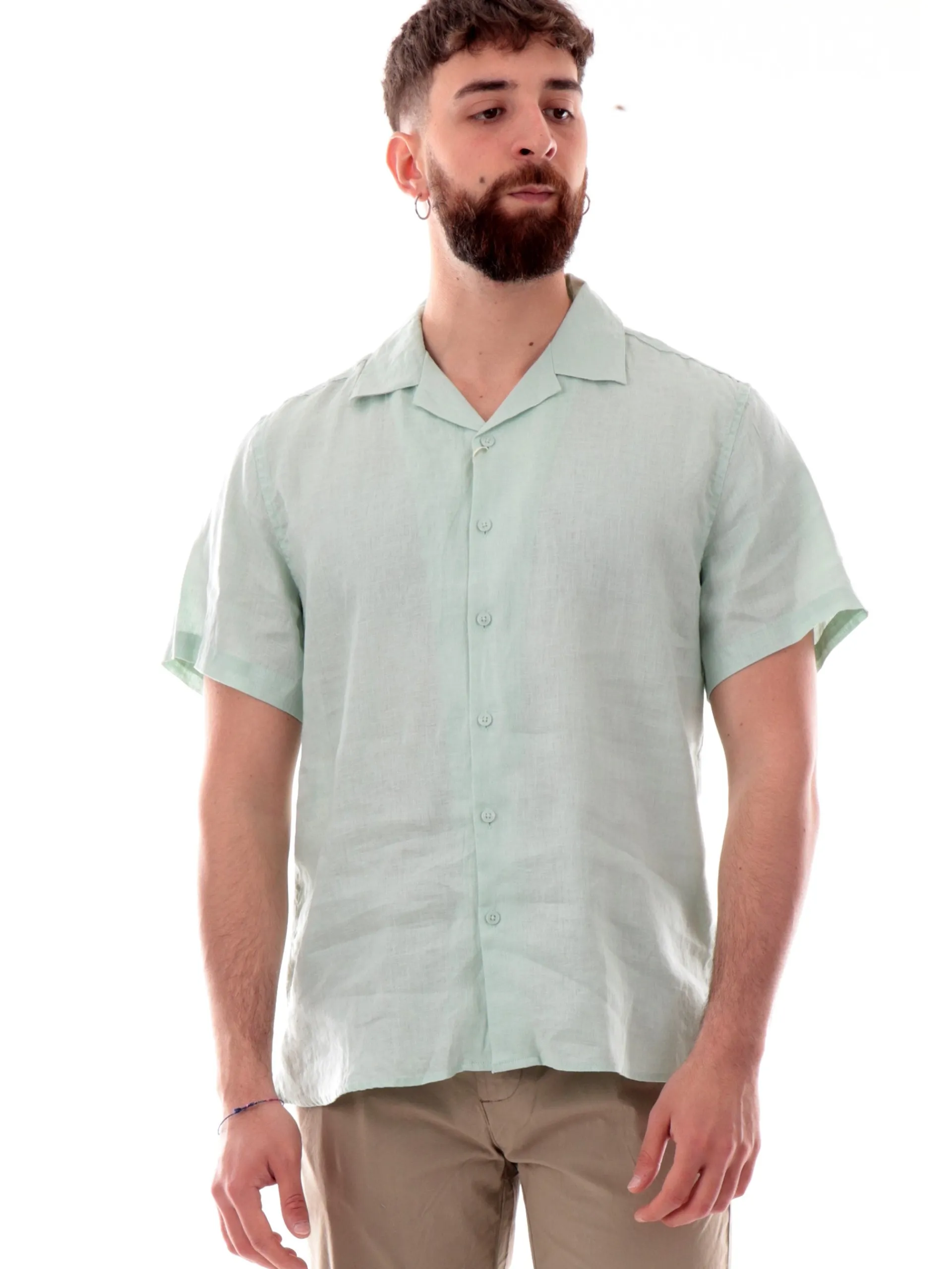 GIANNI LUPO Camicie*Camicia hawaiana verde da uomo in lino scollo a V GL7658SS25