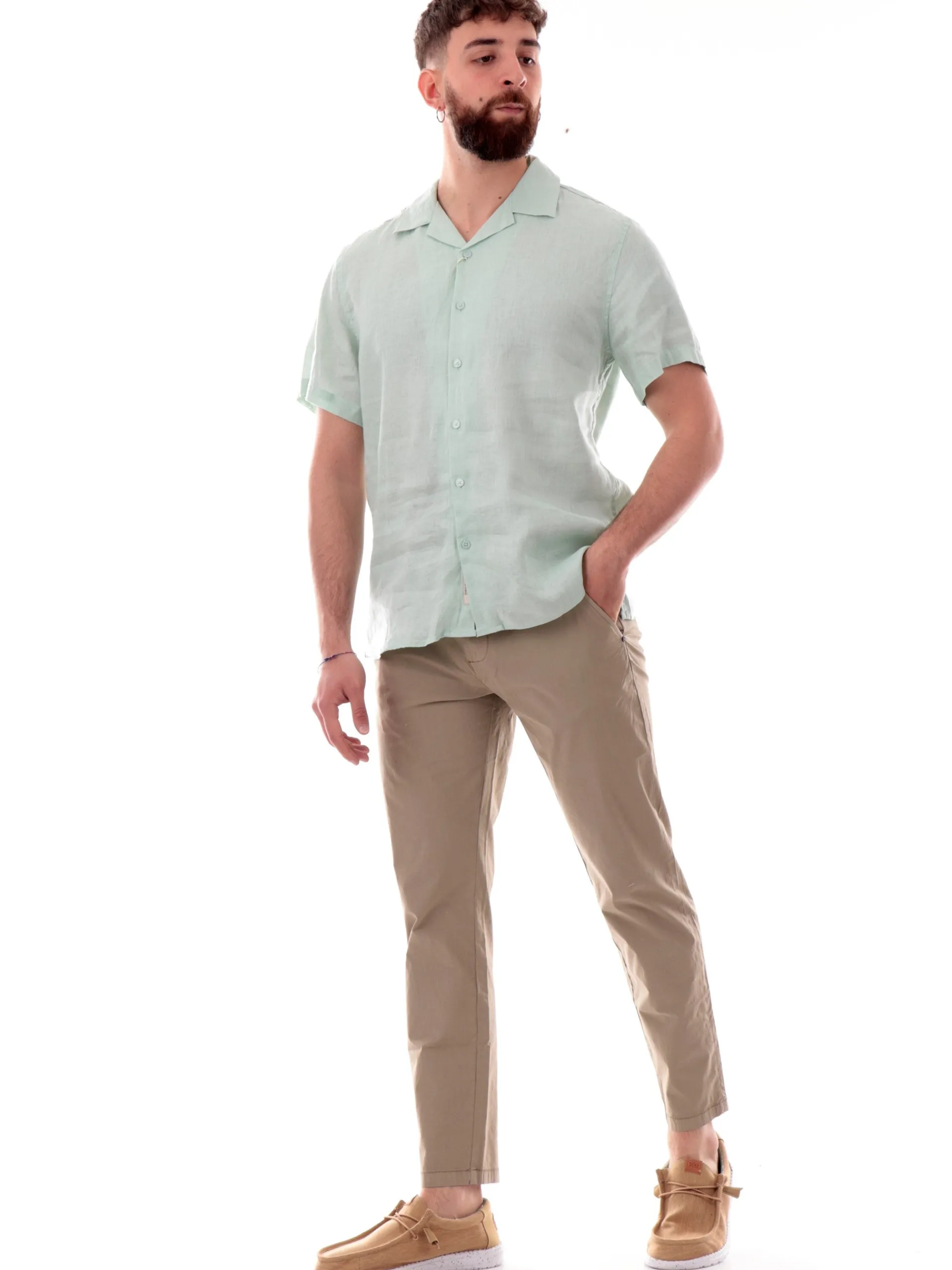 GIANNI LUPO Camicie*Camicia hawaiana verde da uomo in lino scollo a V GL7658SS25