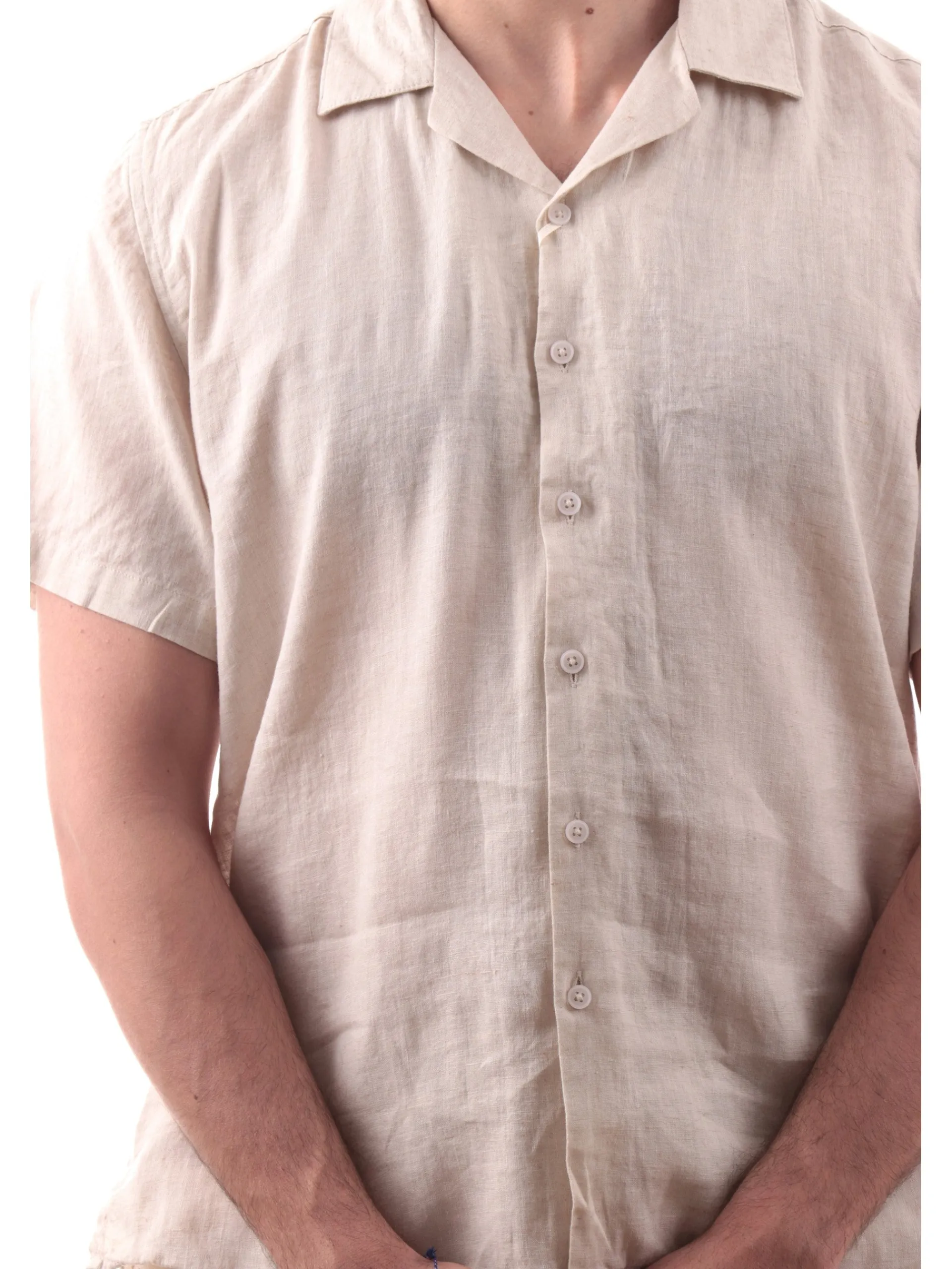 GIANNI LUPO Camicie*Camicia hawaiana beige da uomo in lino scollo a V GL7658SS25