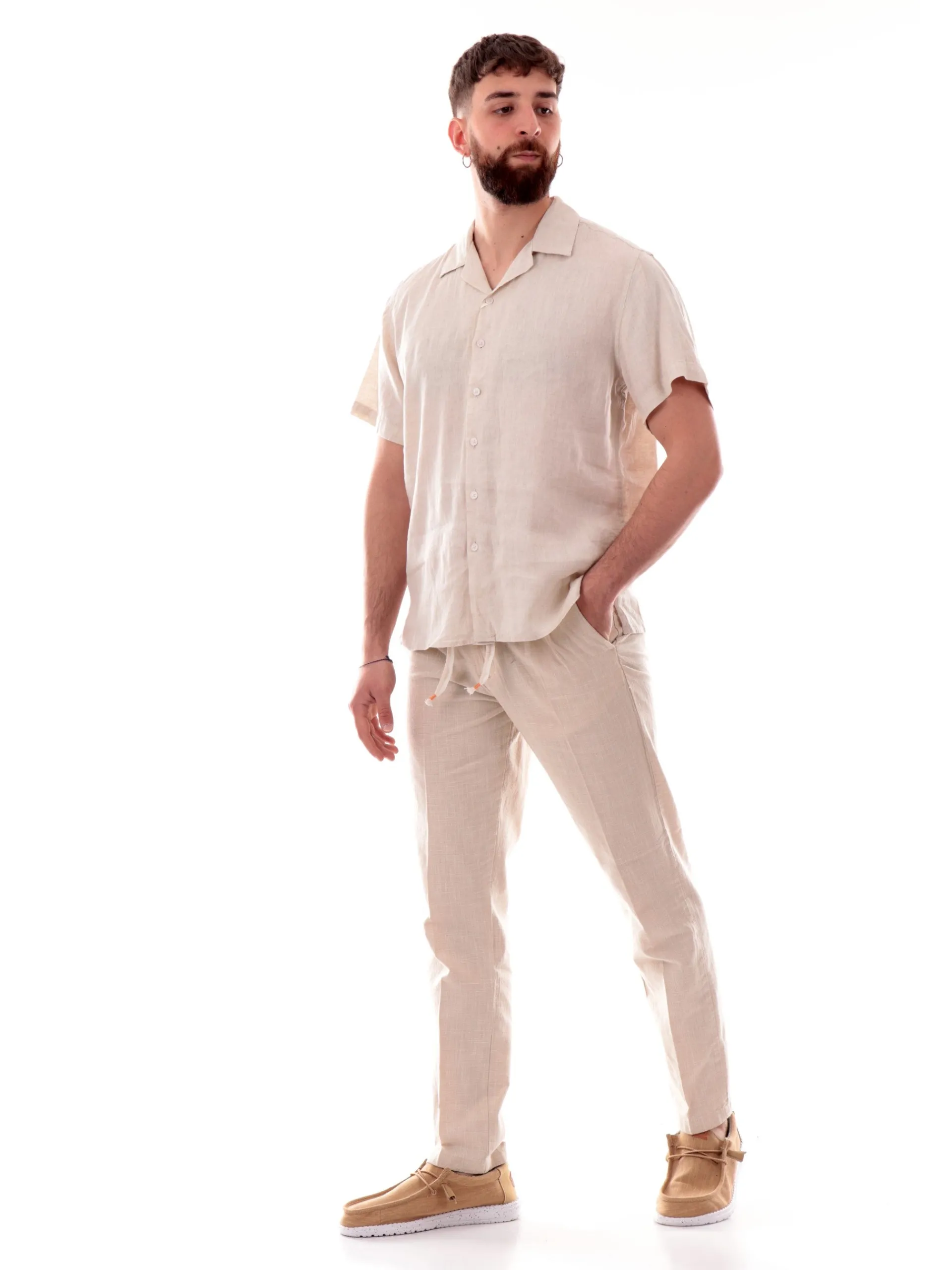 GIANNI LUPO Camicie*Camicia hawaiana beige da uomo in lino scollo a V GL7658SS25