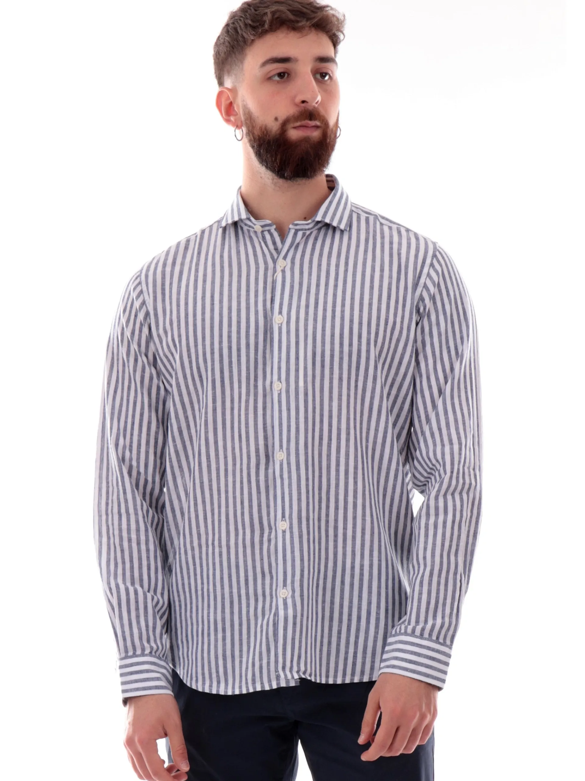 IMPURE Camicie*Camicia bianca a righe blu da uomo colletto francese RILEY365