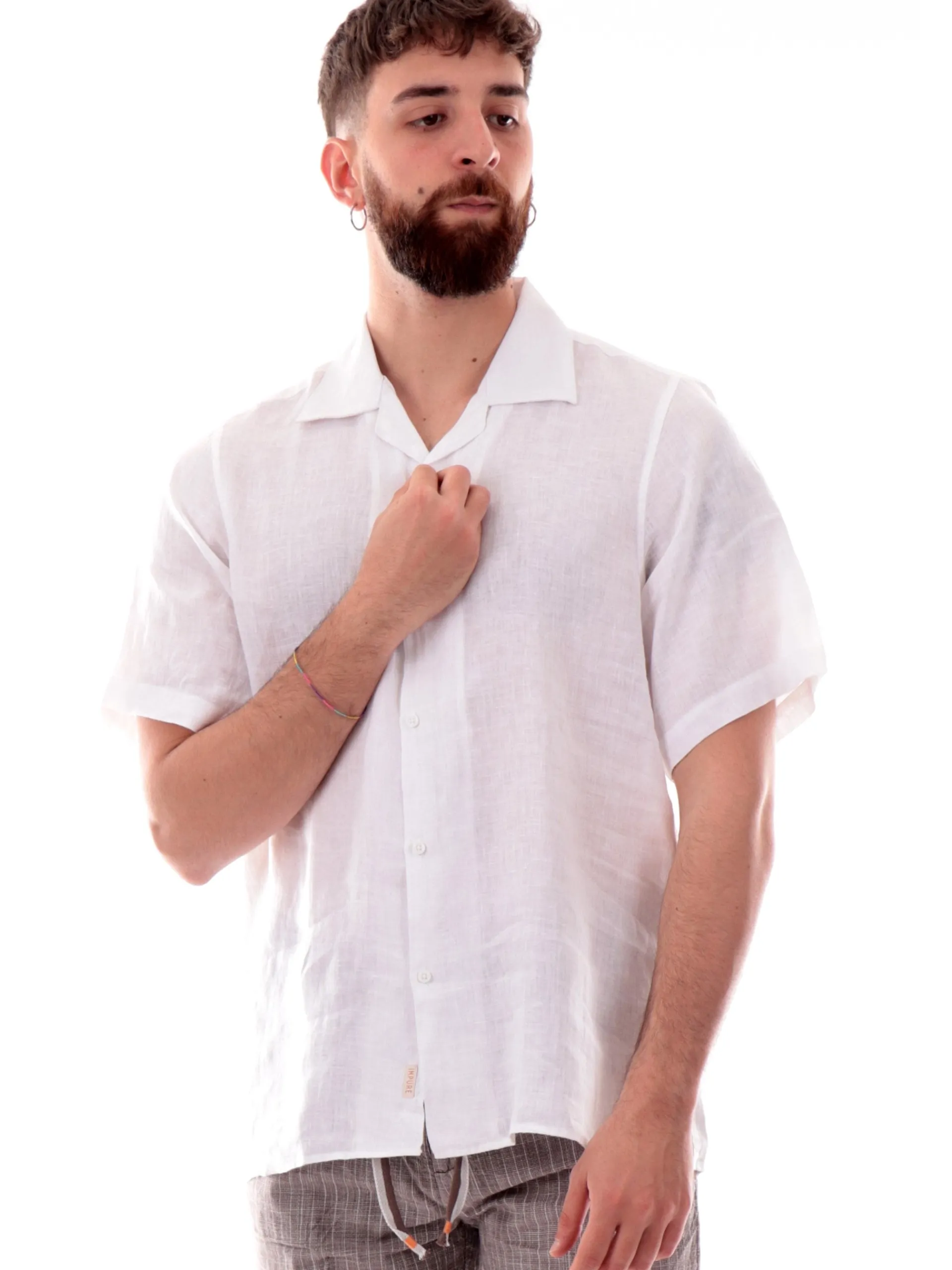 IMPURE Camicie*Camicia Bowling bianca da uomo scollo a V in lino WILL