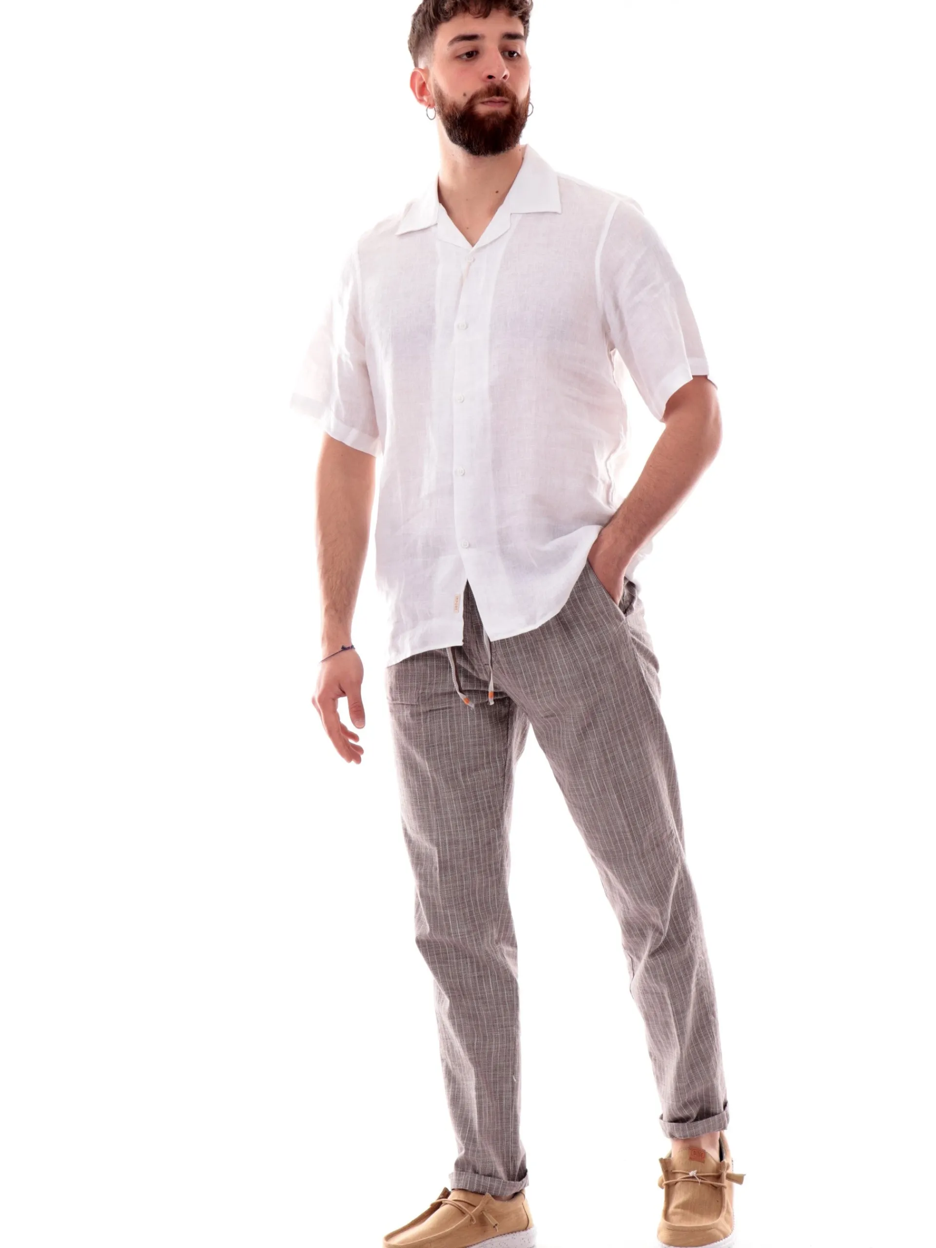 IMPURE Camicie*Camicia Bowling bianca da uomo scollo a V in lino WILL
