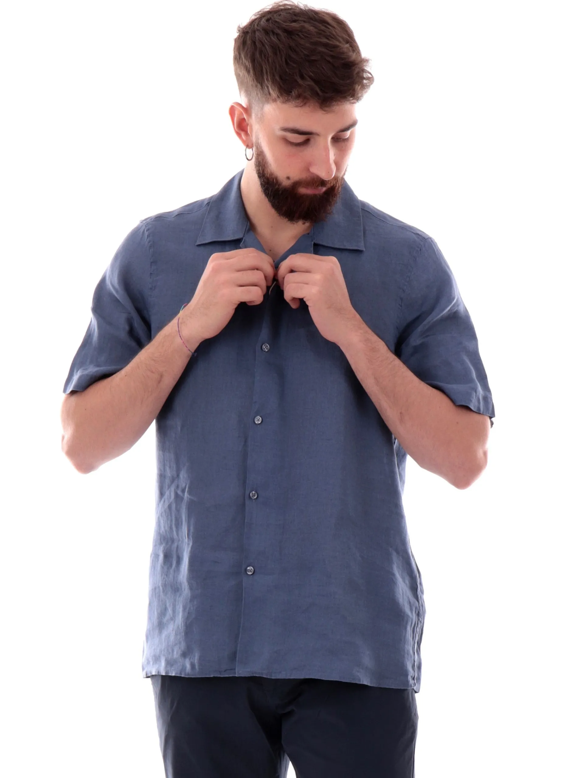 IMPURE Camicie*Camicia Bowling blu da uomo scollo a V in lino WILL