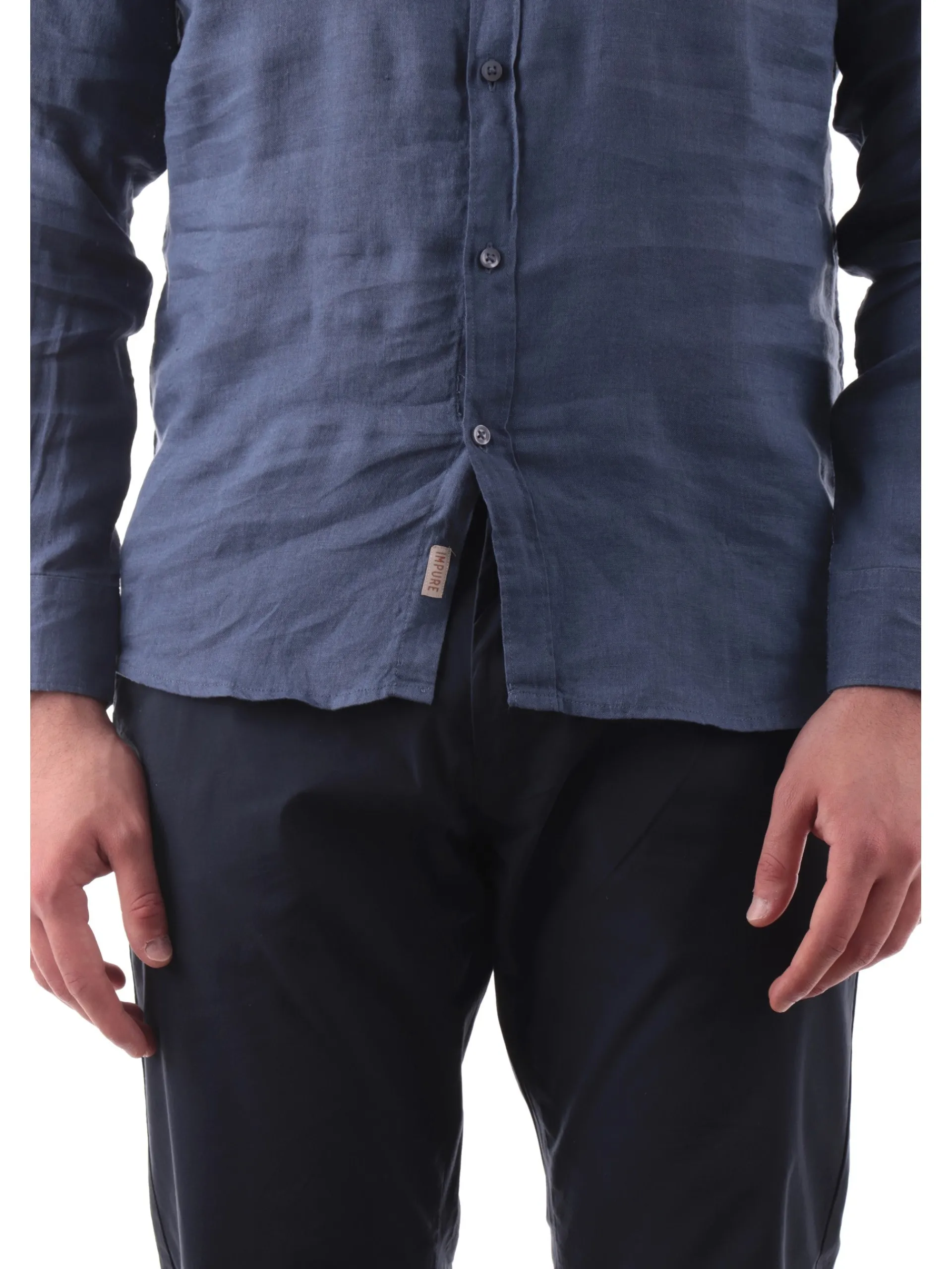 IMPURE Camicie*Camicia coreana blu da uomo in lino LARS