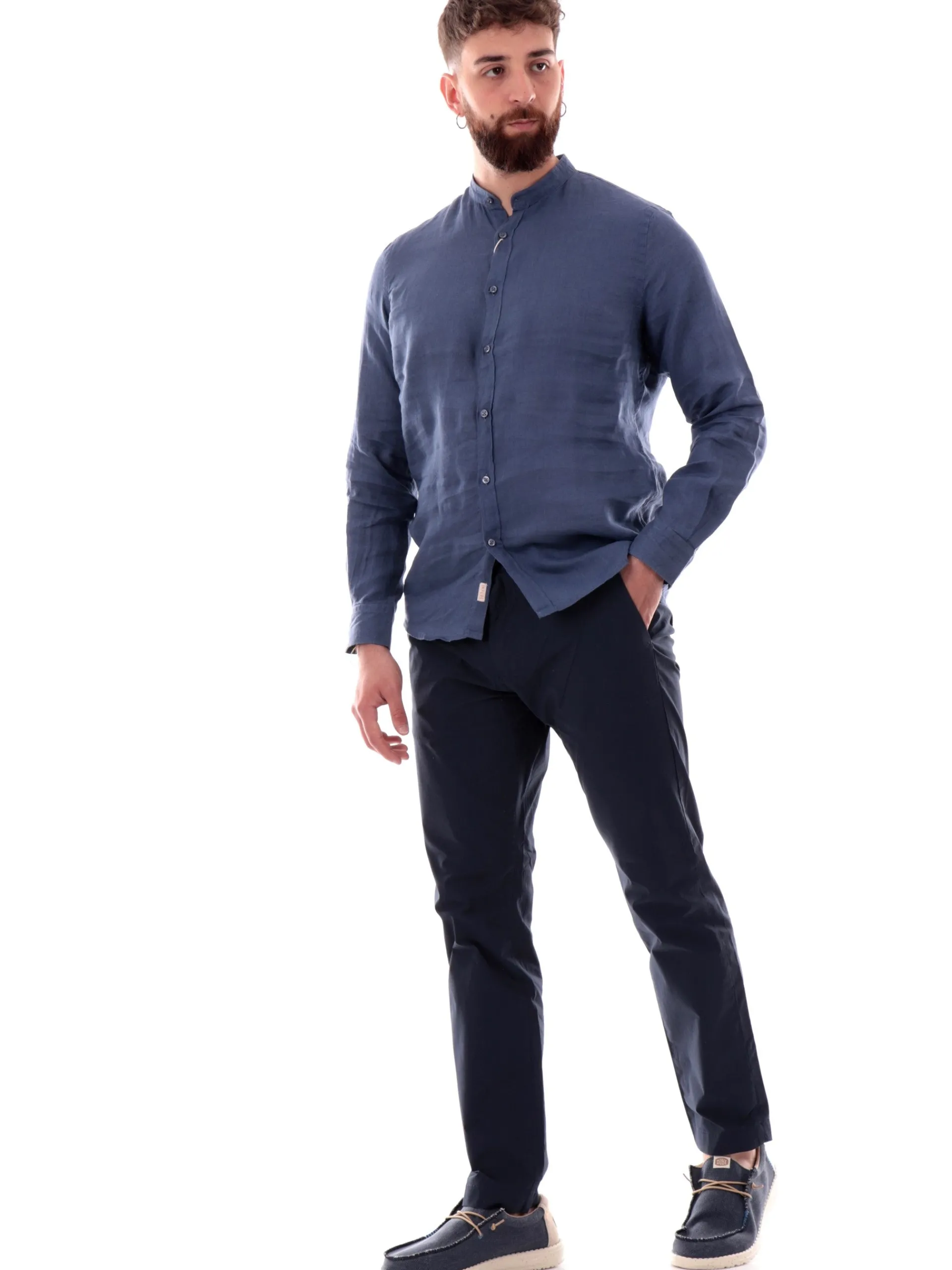 IMPURE Camicie*Camicia coreana blu da uomo in lino LARS