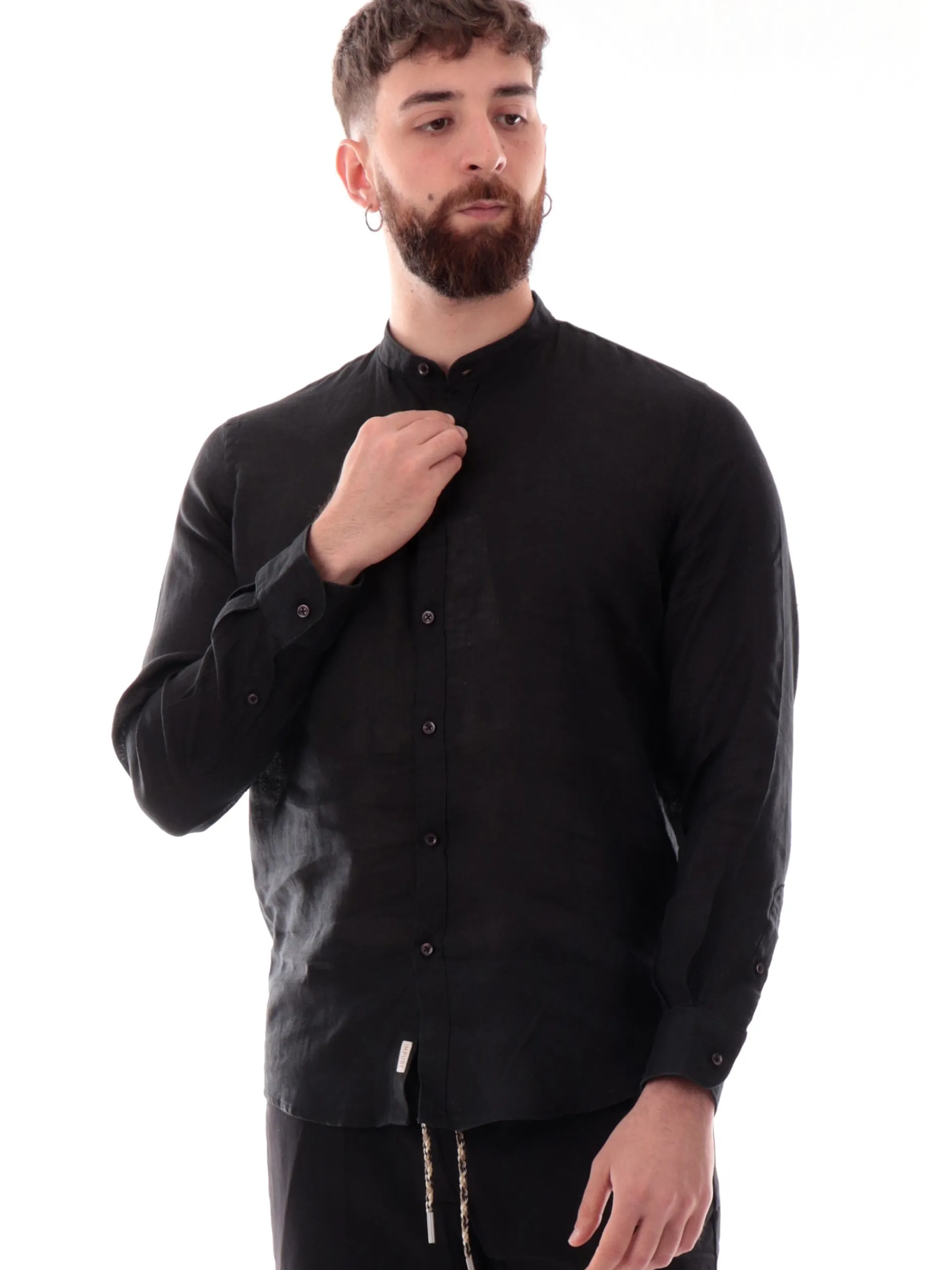 IMPURE Camicie*Camicia coreana nera da uomo in lino LARS