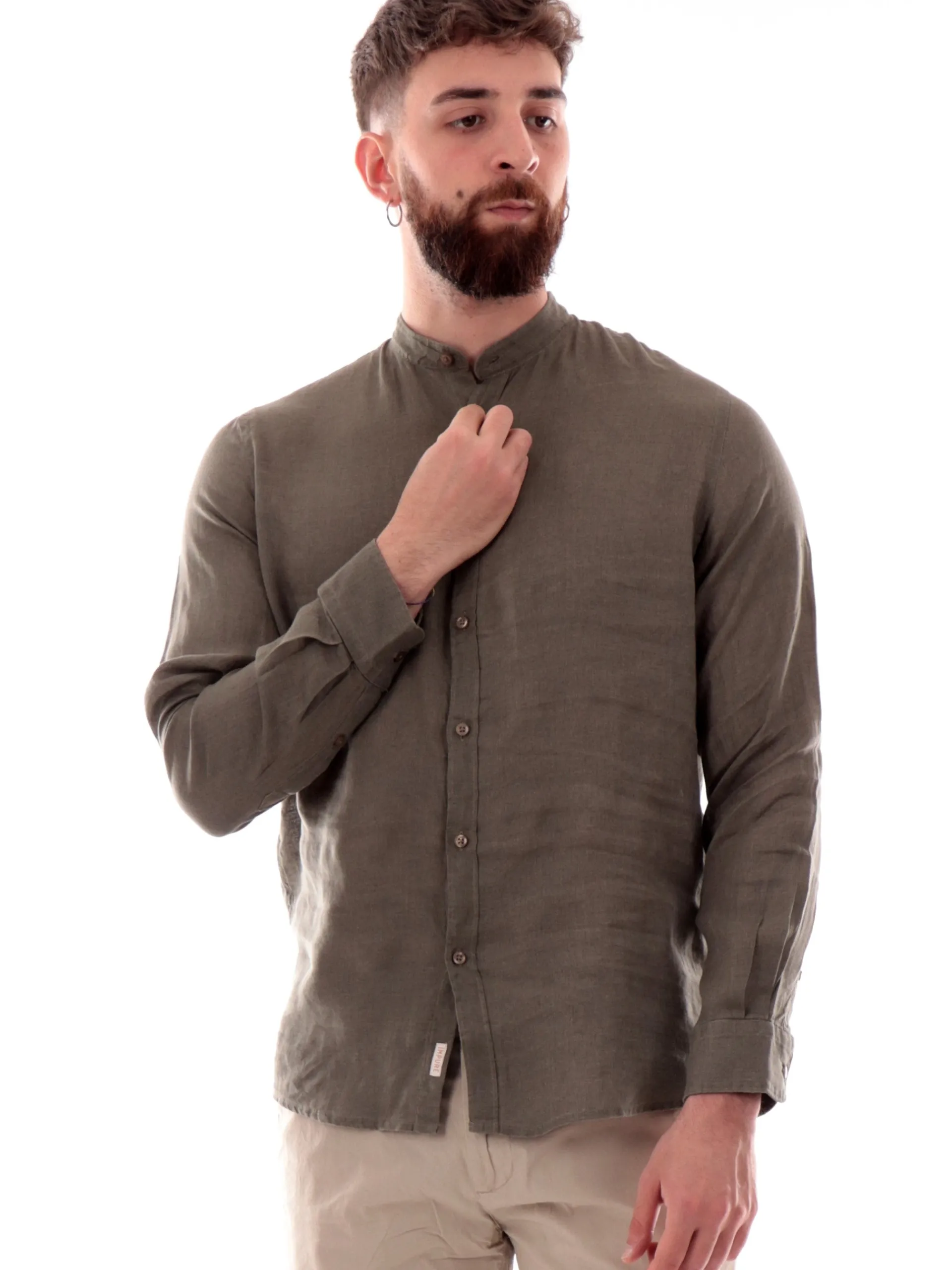 IMPURE Camicie*Camicia coreana verde da uomo in lino LARS
