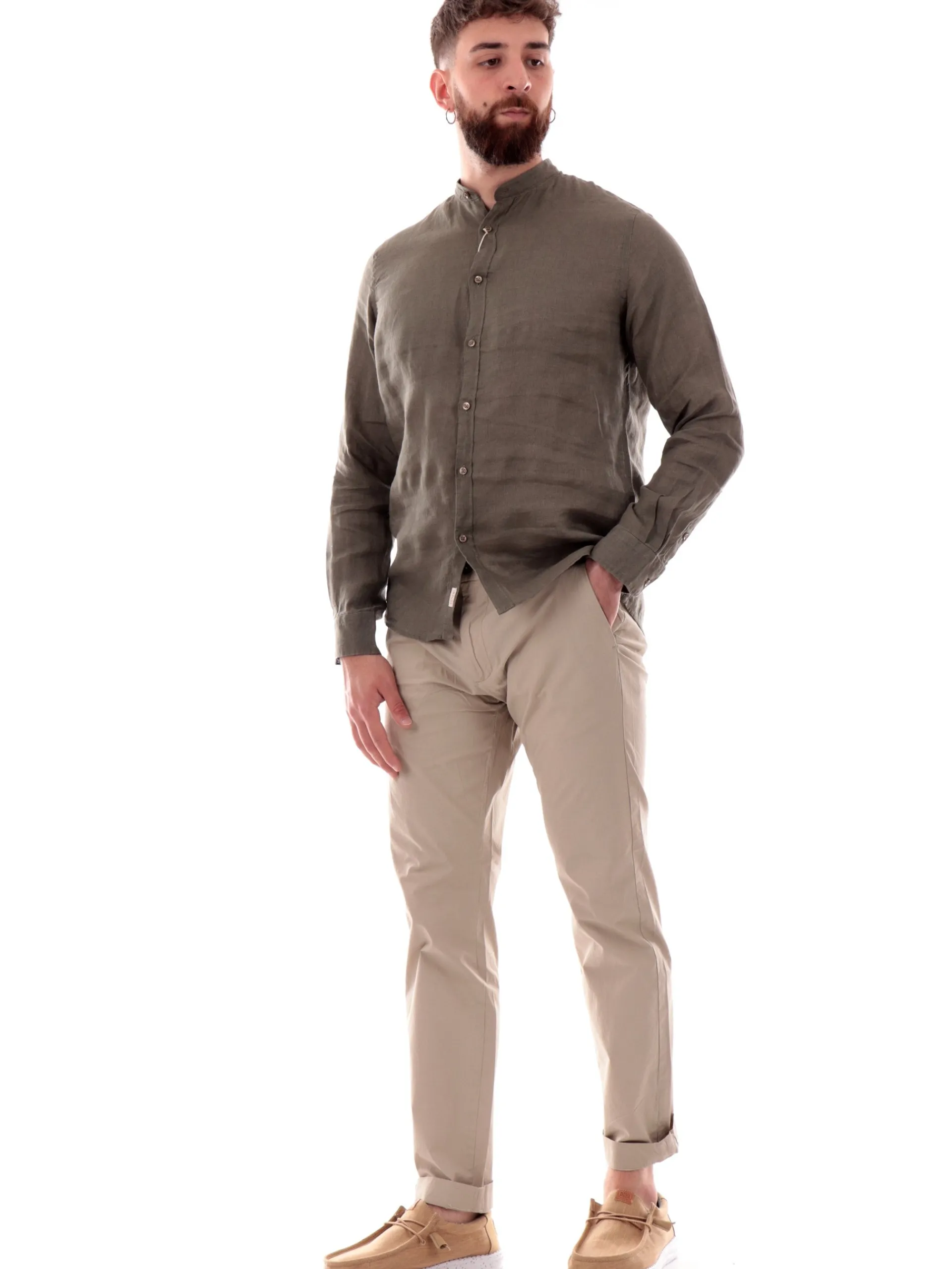 IMPURE Camicie*Camicia coreana verde da uomo in lino LARS