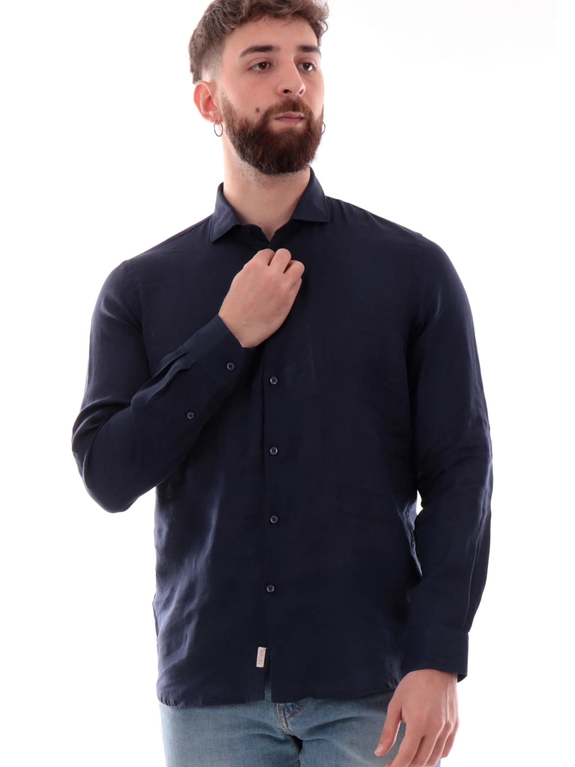 IMPURE Camicie*Camicia lino blu da uomo colletto francese RILEY
