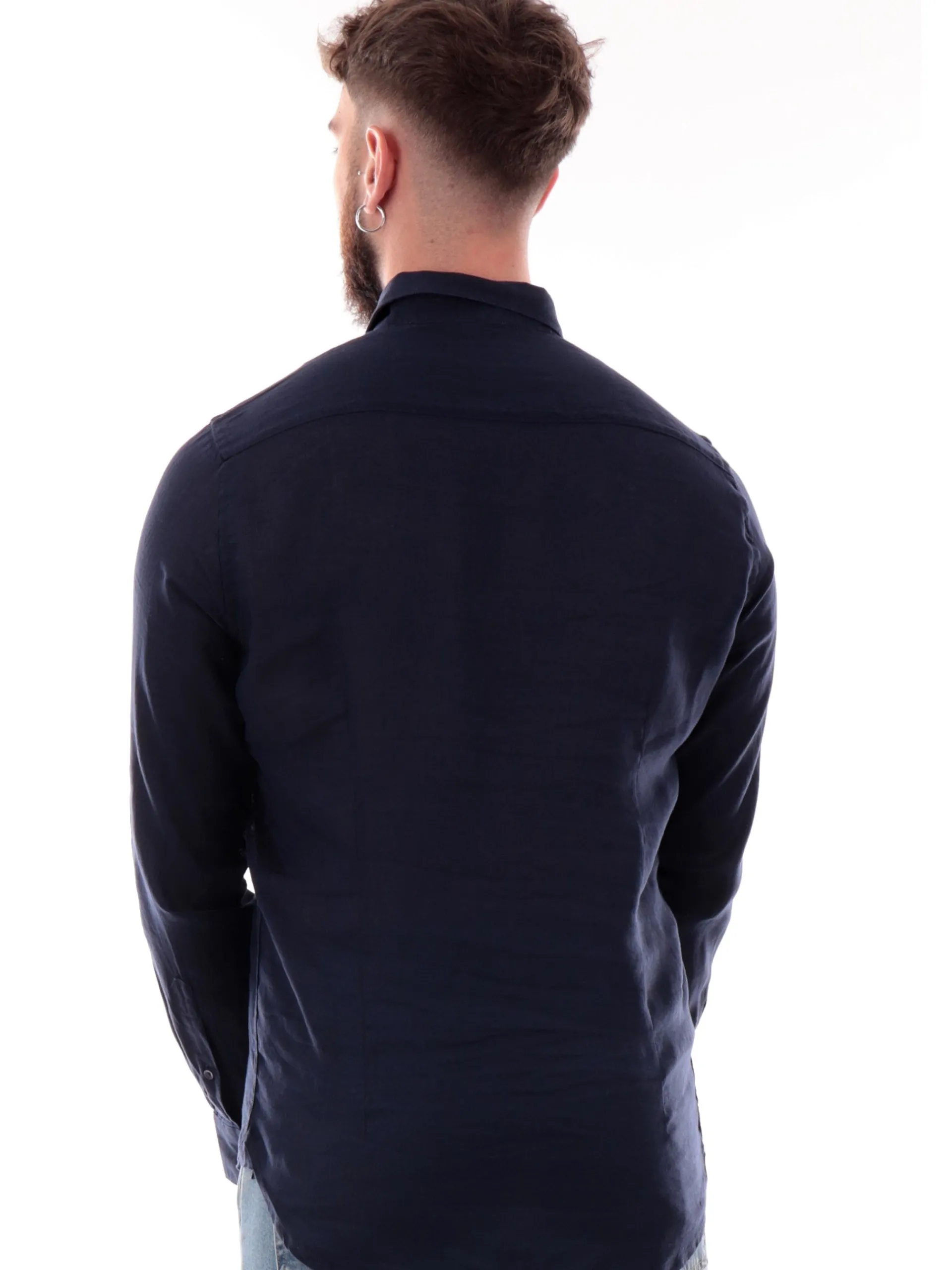 IMPURE Camicie*Camicia lino blu da uomo colletto francese RILEY