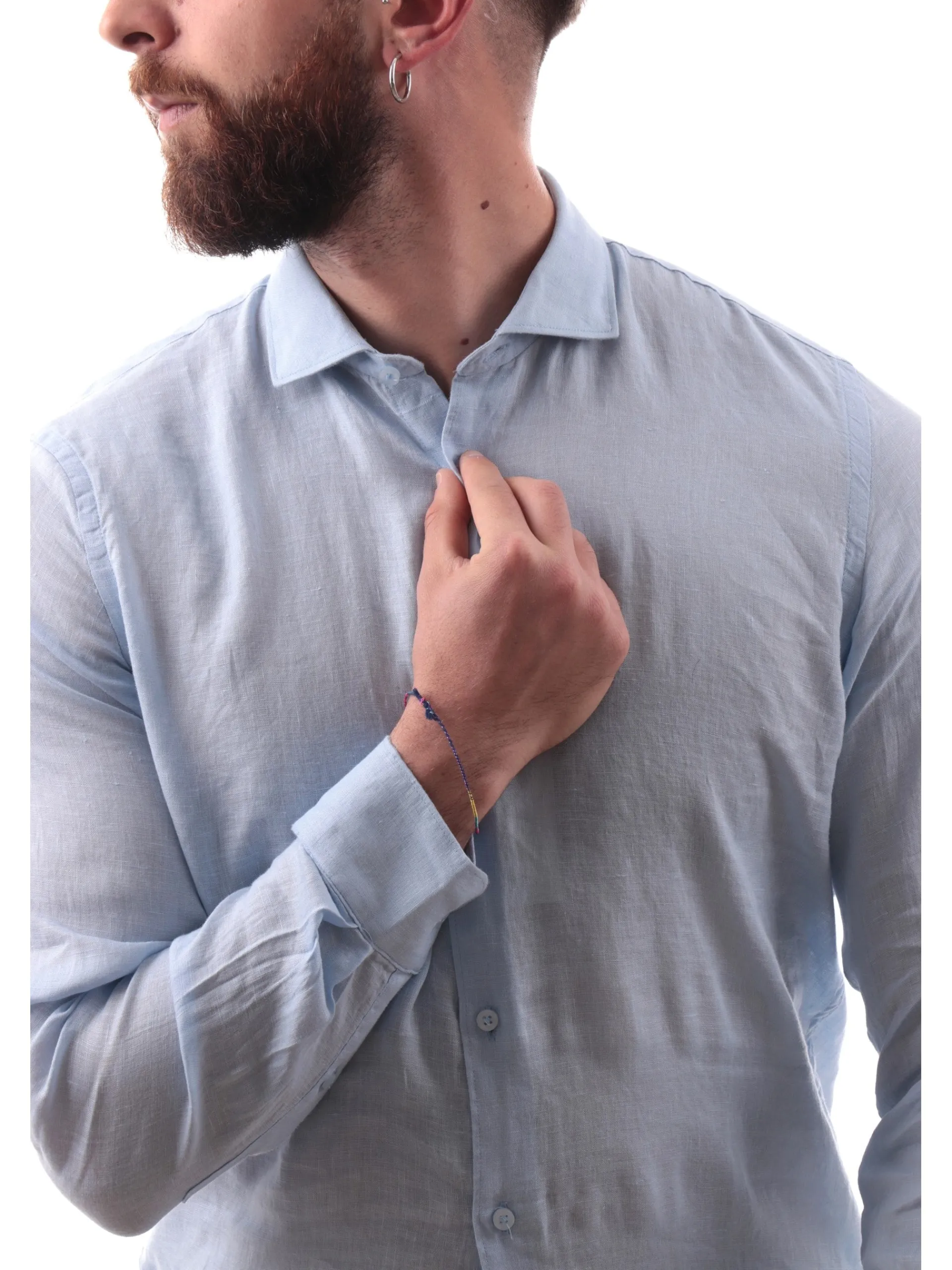 IMPURE Camicie*Camicia lino celeste da uomo colletto francese RILEY