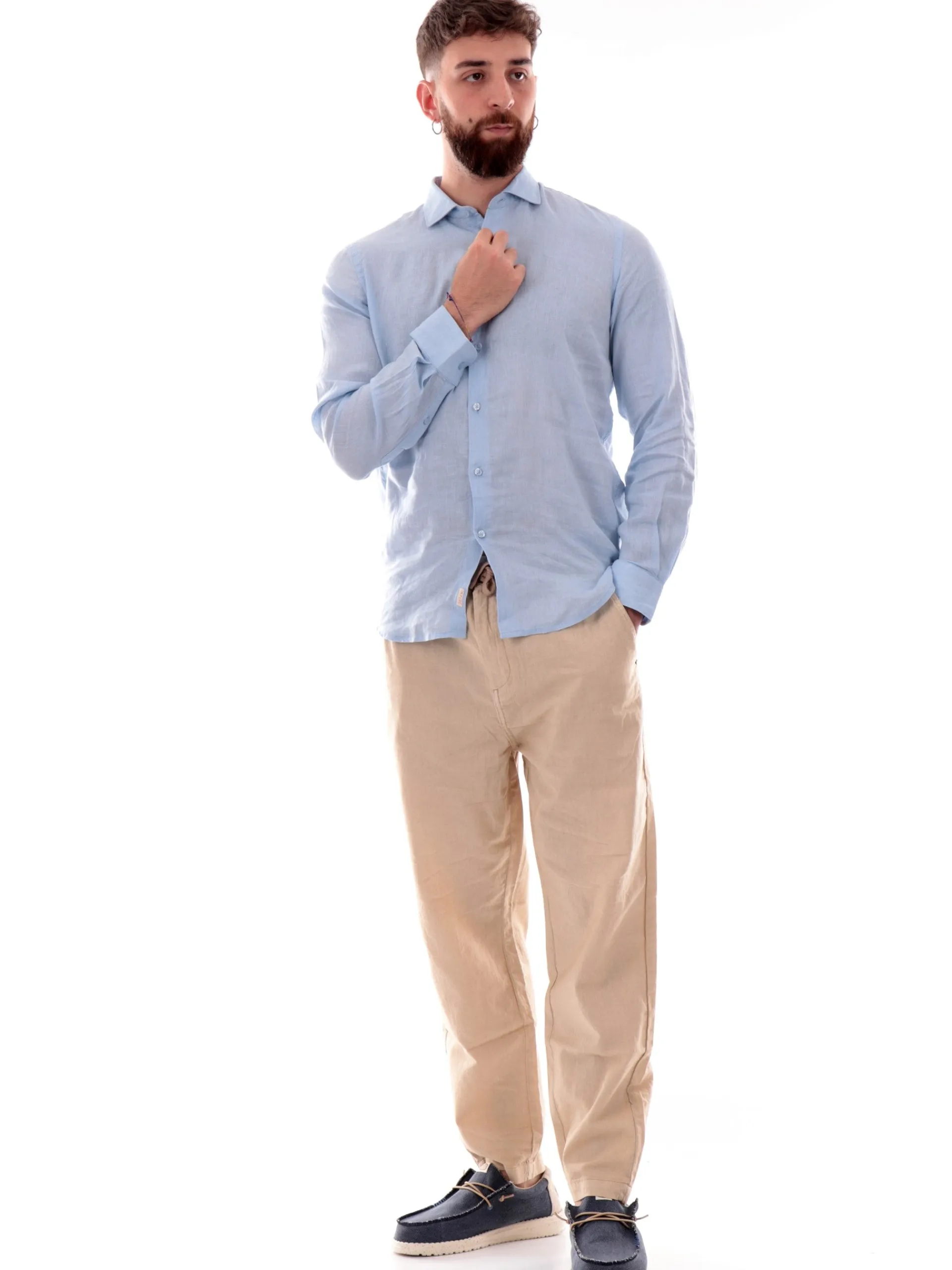 IMPURE Camicie*Camicia lino celeste da uomo colletto francese RILEY